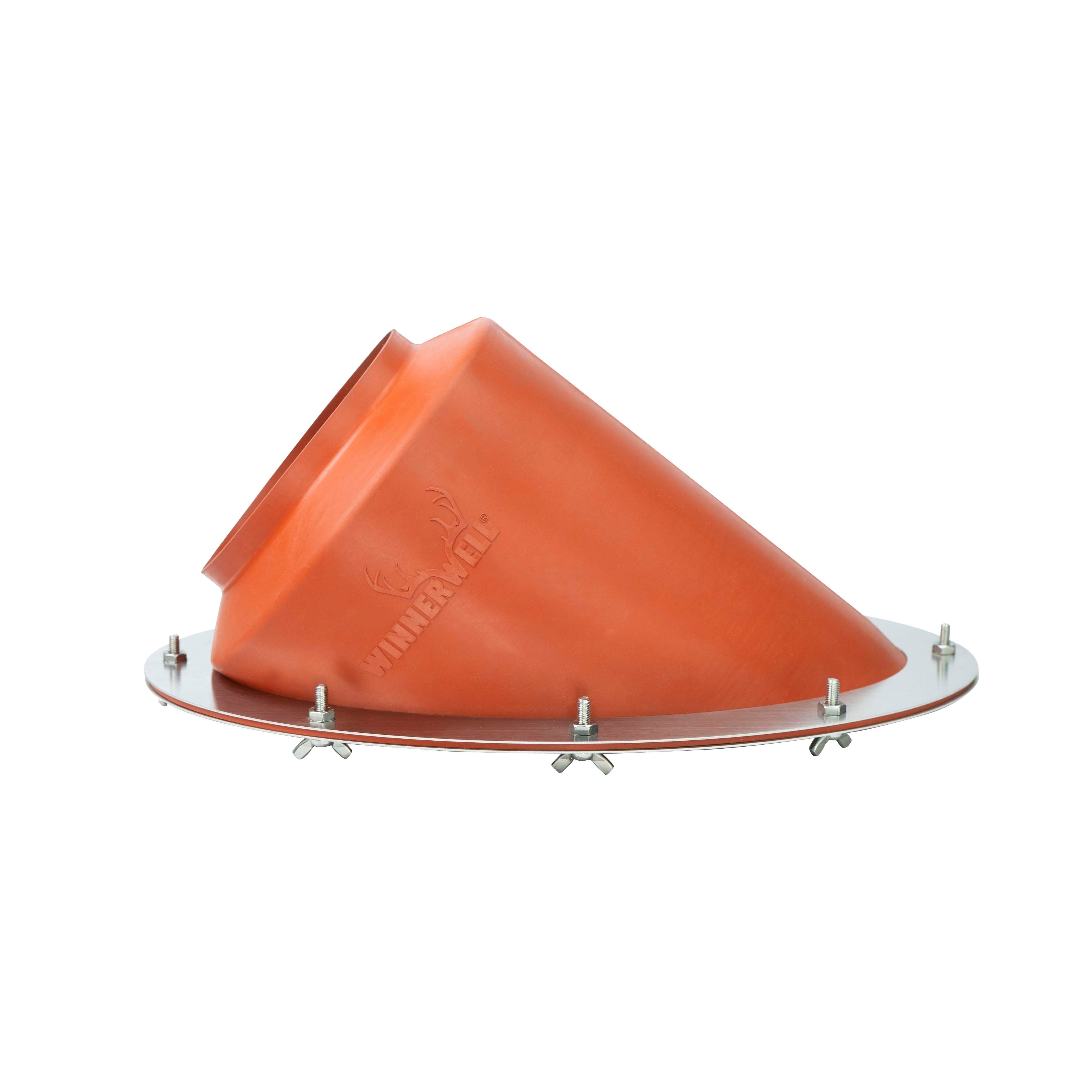 Top - down view of Winnerwell® Angled Flashing Kit installed, highlighting its design that ensures a proper seal and compatibility with SKU 910446 / SKU 910507 in outdoor stove pipe systems.