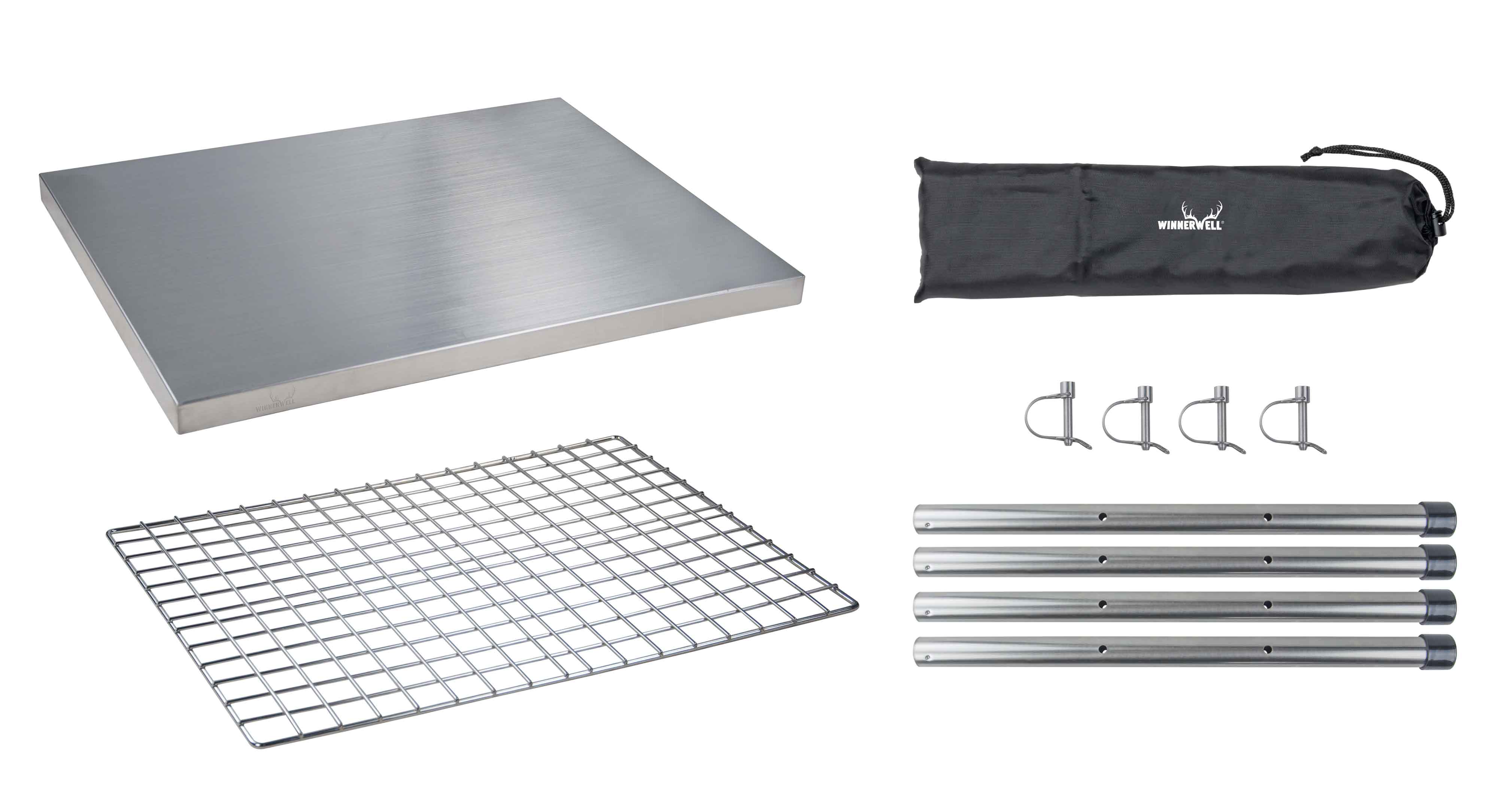 Winnerwell® camping table components including a stainless - steel tabletop and smaller parts, illustrating the assembly elements of the product.