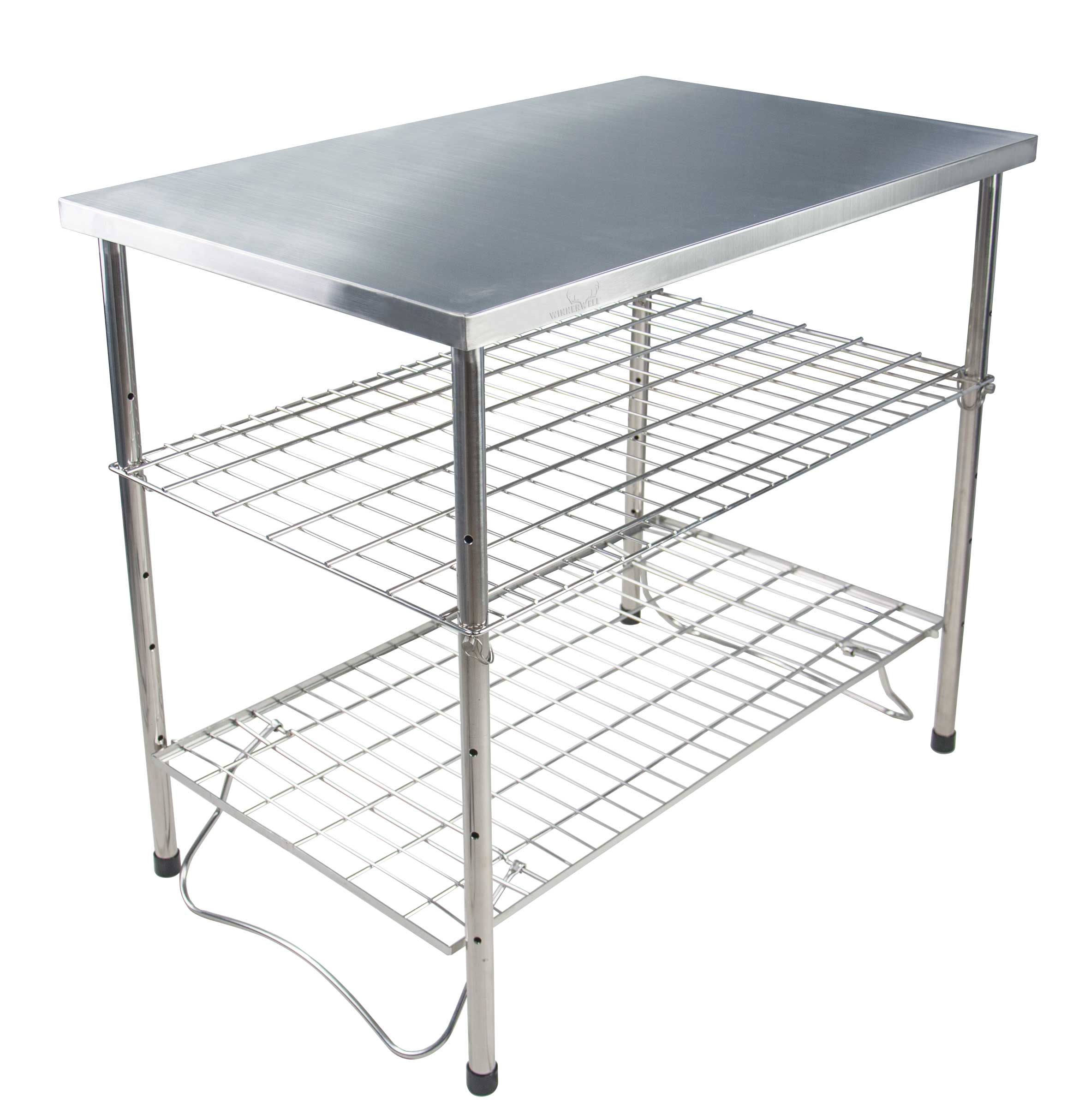 Double - tiered Winnerwell® camping table with stainless - steel top and metal mesh shelves, emphasizing its space - saving, multi - functional design for outdoor gear storage.