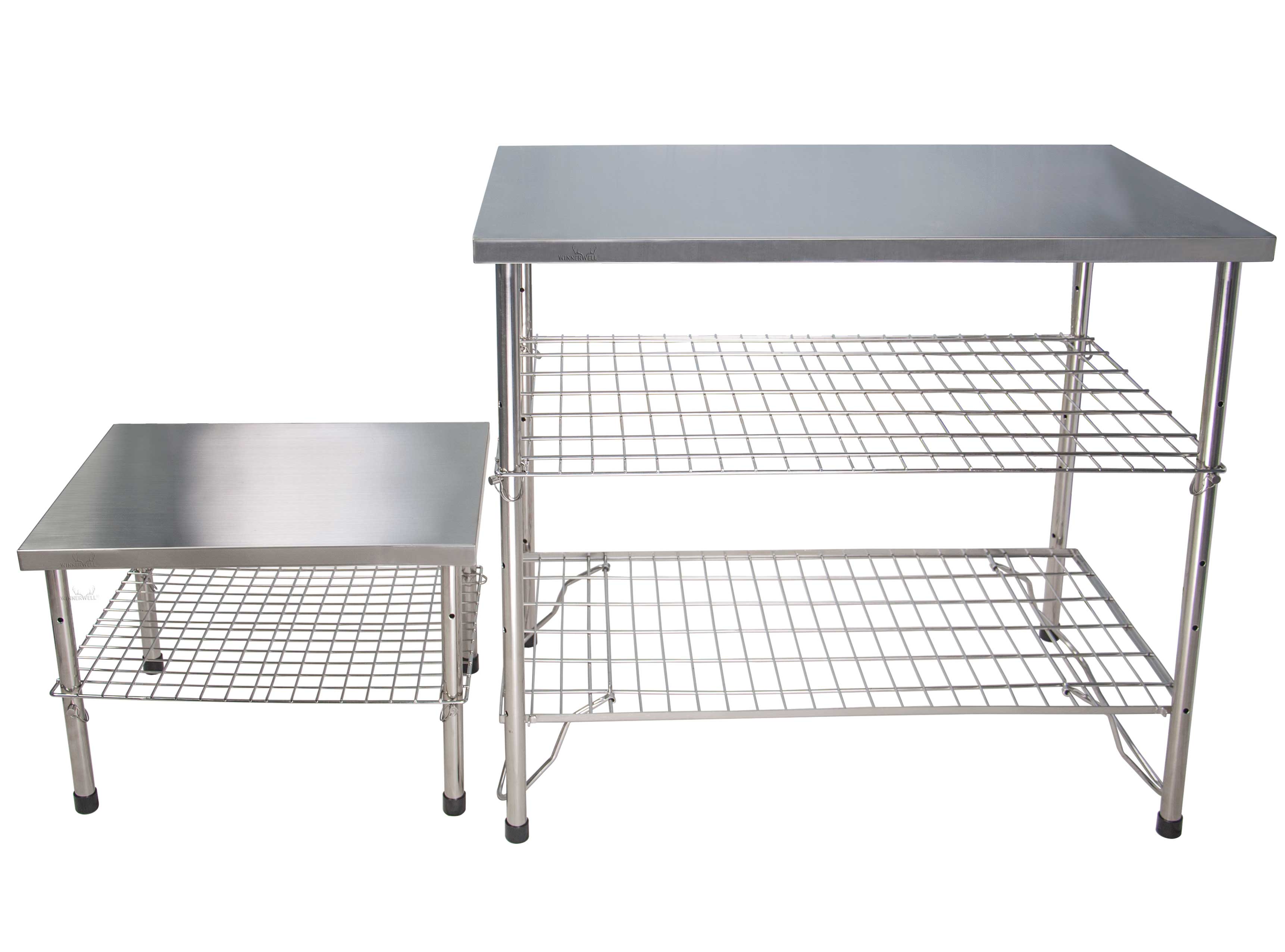 Set of Winnerwell® camping tables with stainless - steel tops and metal mesh shelves, demonstrating the product’s versatility in creating multi - table outdoor setups.