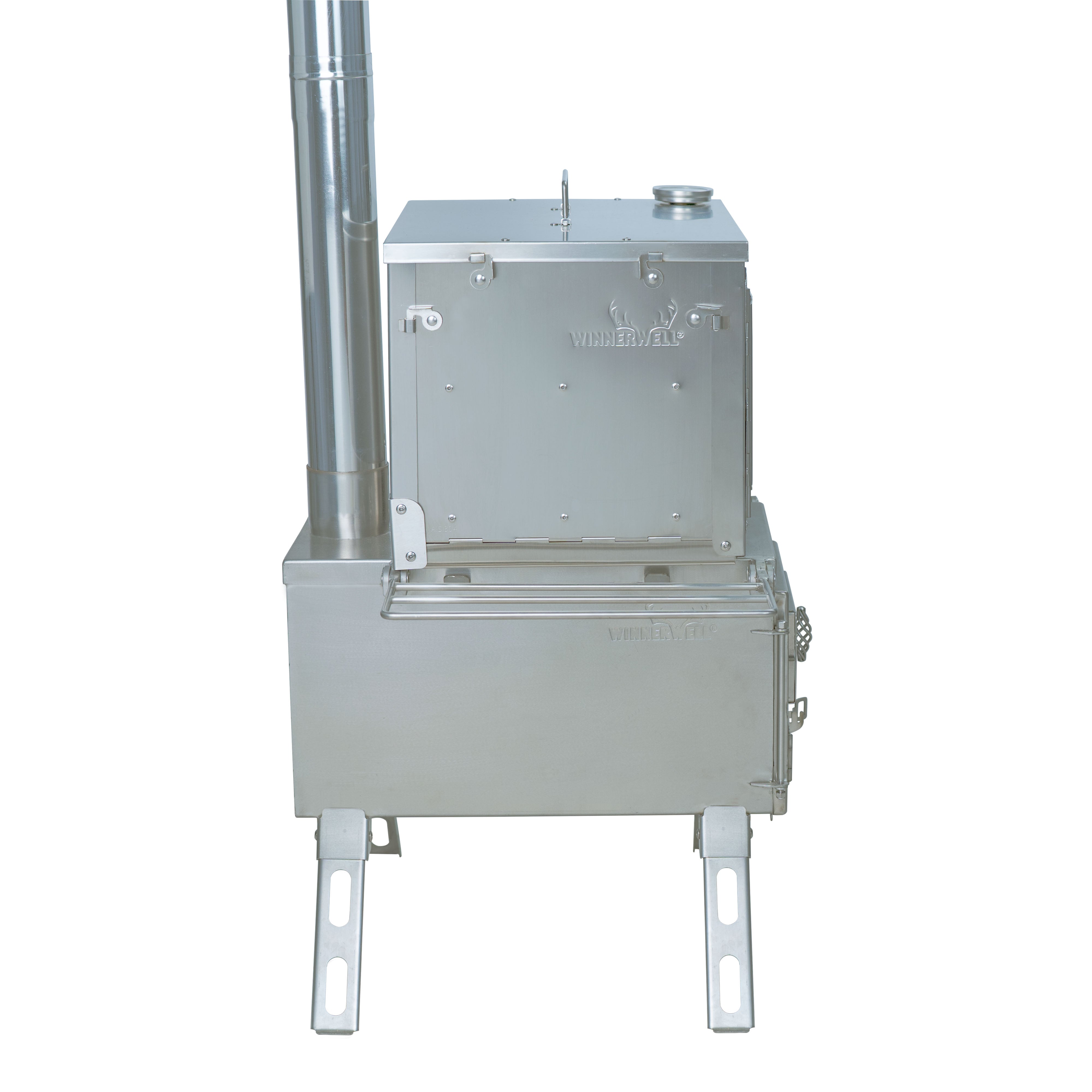 Another angle view of the Winnerwell® Fastfold Oven, showcasing its stainless - steel construction and how it is designed to withstand outdoor conditions while providing a reliable cooking space.