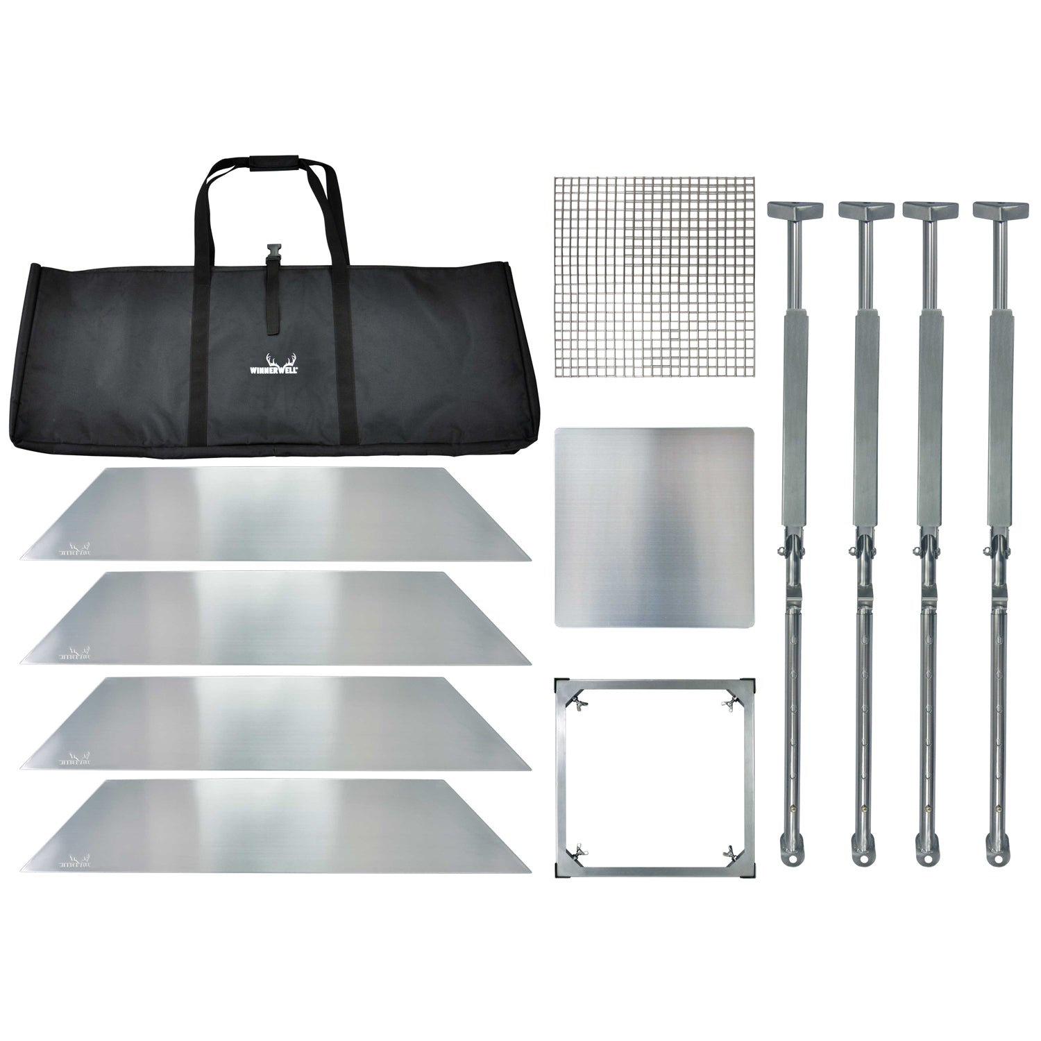 Complete components of Winnerwell® Fire Guard Stove Table laid out, showing all parts needed for assembly and use.