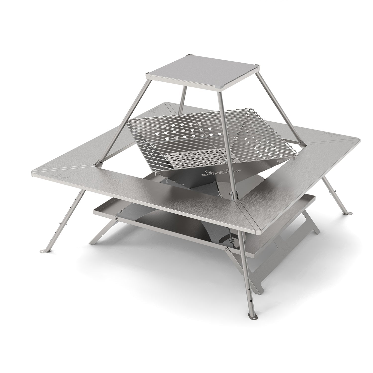 Isolated view of Winnerwell® Fire Guard Stove Table, highlighting its compact, foldable design and metallic construction for easy outdoor transport and setup.