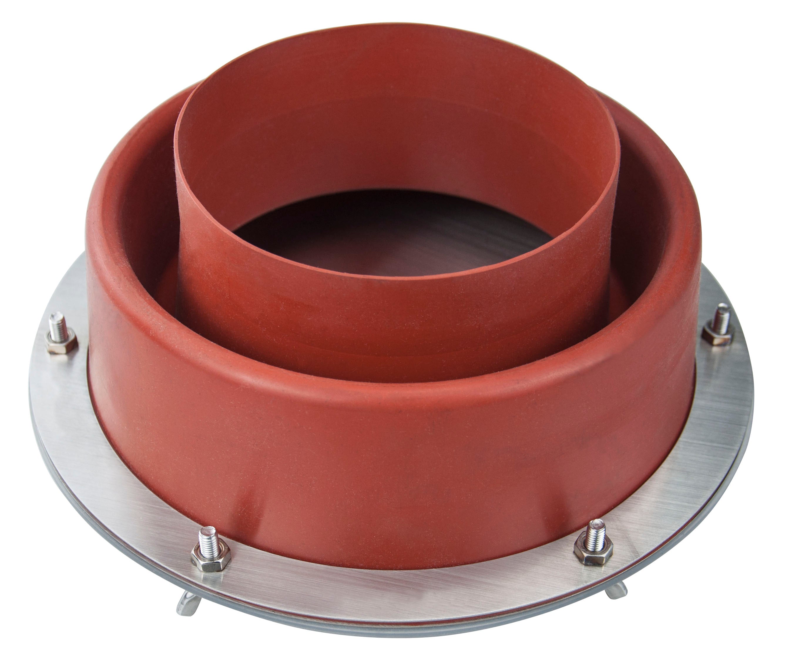 Top - down view of Winnerwell® Flashing Kit Large, emphasizing its red color, large circular shape, and metal clamps that ensure a proper seal, compatible with SKU 910446 / SKU 910507 in outdoor stove pipe setups.