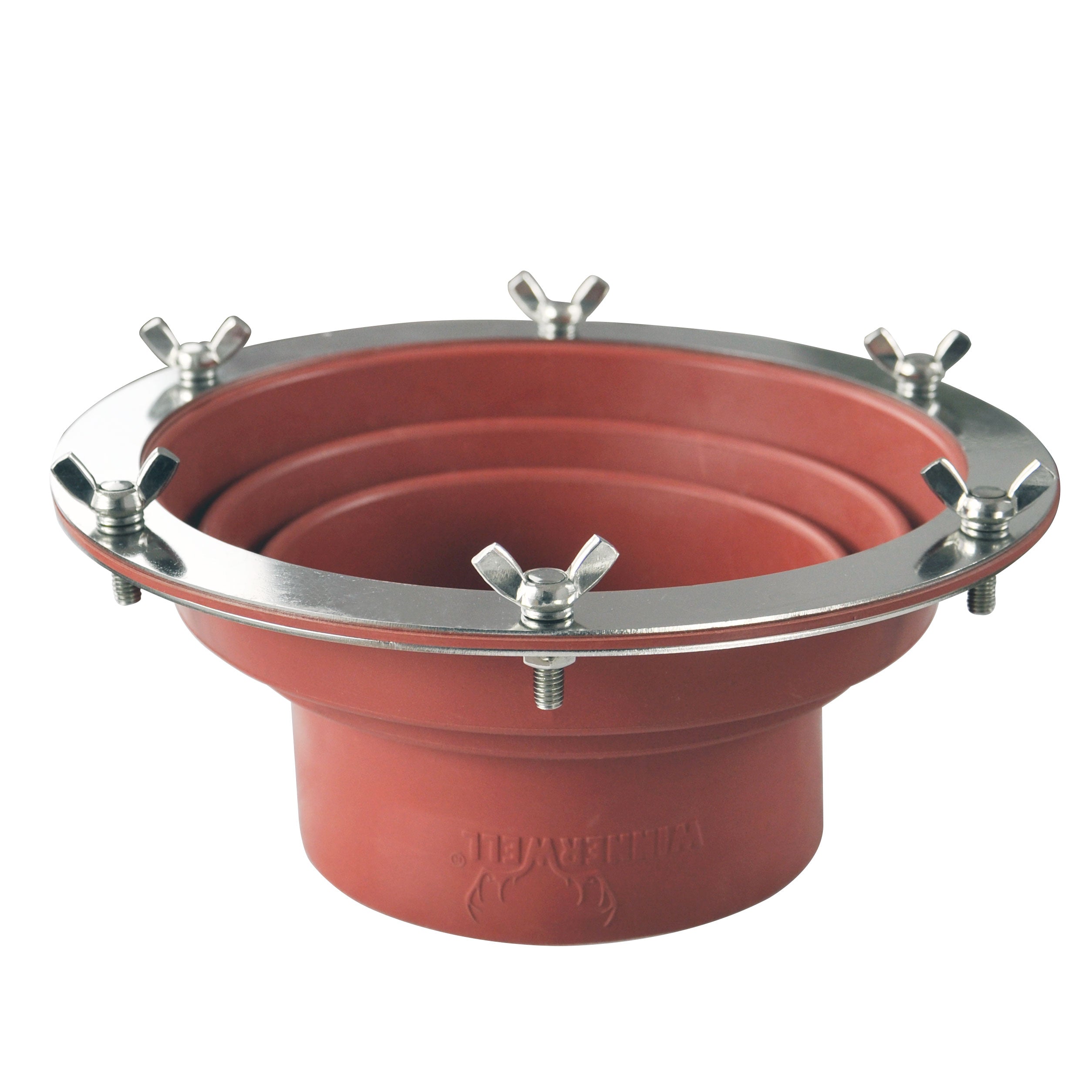 Top - down view of Winnerwell® Flashing Kit, emphasizing its red color, circular shape, and metal clamps that ensure a proper seal, compatible with SKU 910447 / SKU 910445 / SKU 910433 in outdoor stove pipe systems.