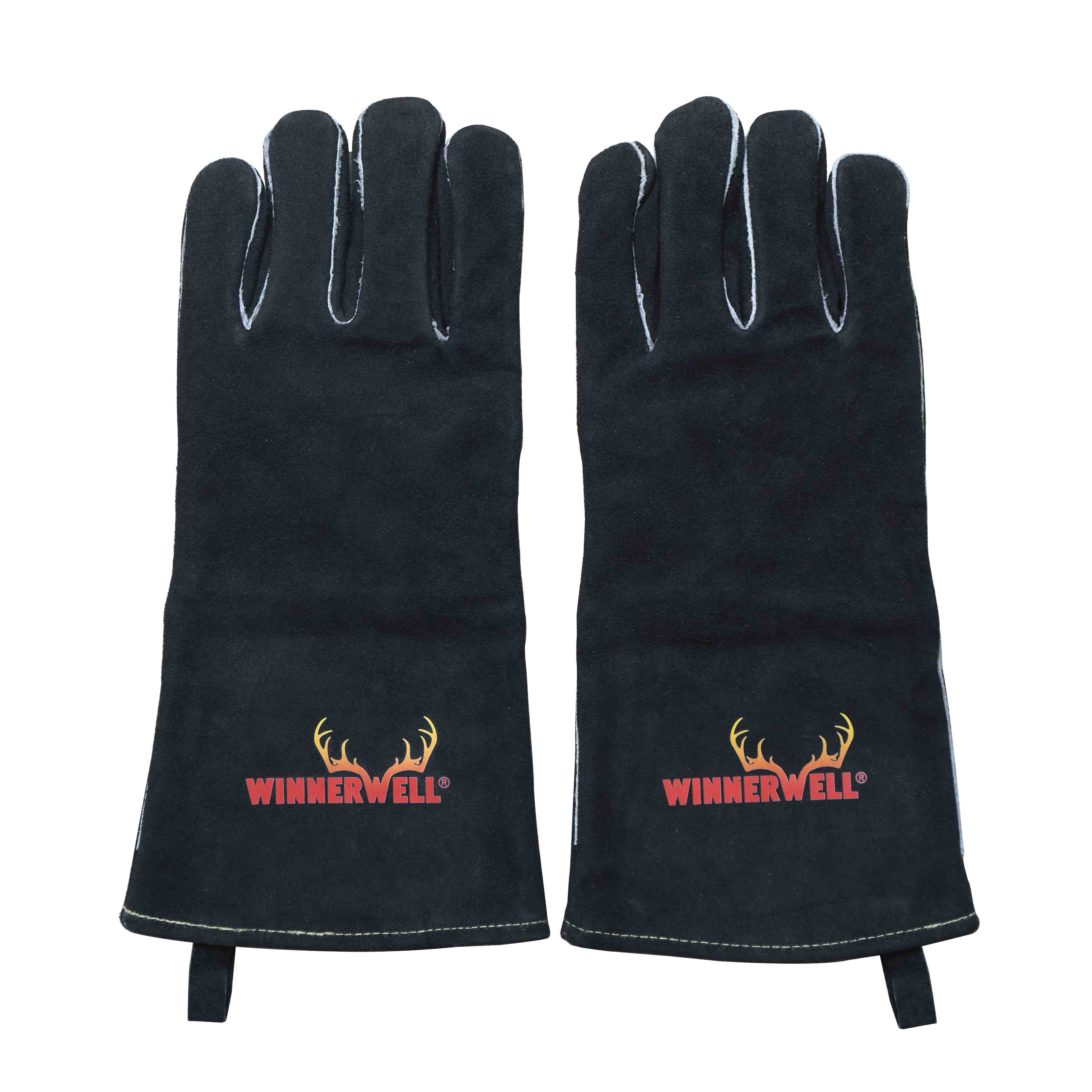 A pair of Winnerwell® heat - resistant gloves, featuring a black exterior with the Winnerwell logo in red, designed for protection during high - temperature activities like camping cooking.