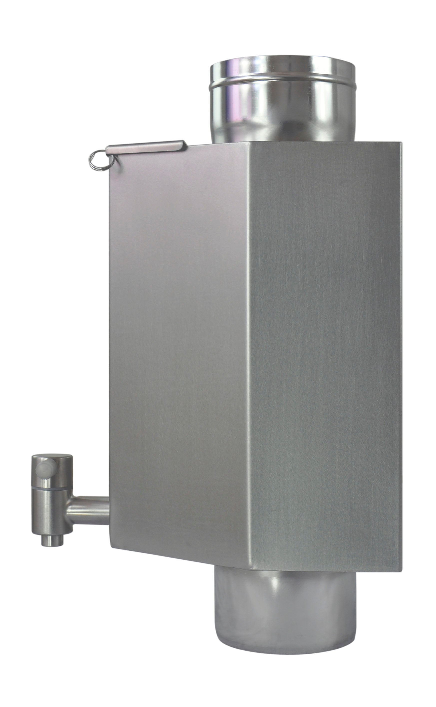 Side view of Winnerwell® L - sized Pipe Water Tank, emphasizing its stainless - steel build, hexagonal shape, and how it connects to stove pipes for efficient heat transfer.
