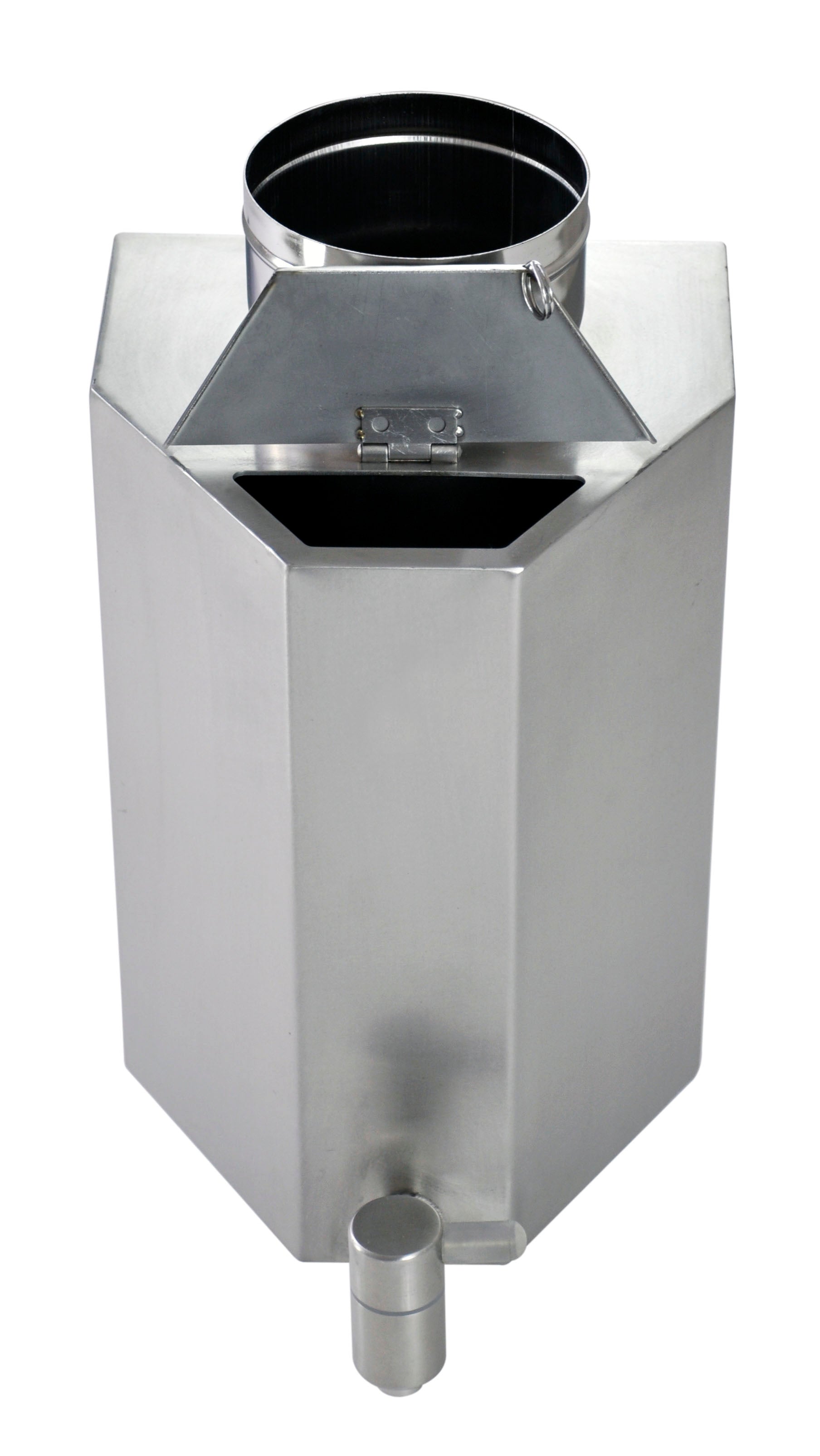 Top - down view of Winnerwell® L - sized Pipe Water Tank, highlighting the opening for connecting to stove pipes and the overall design for heat - based water heating.