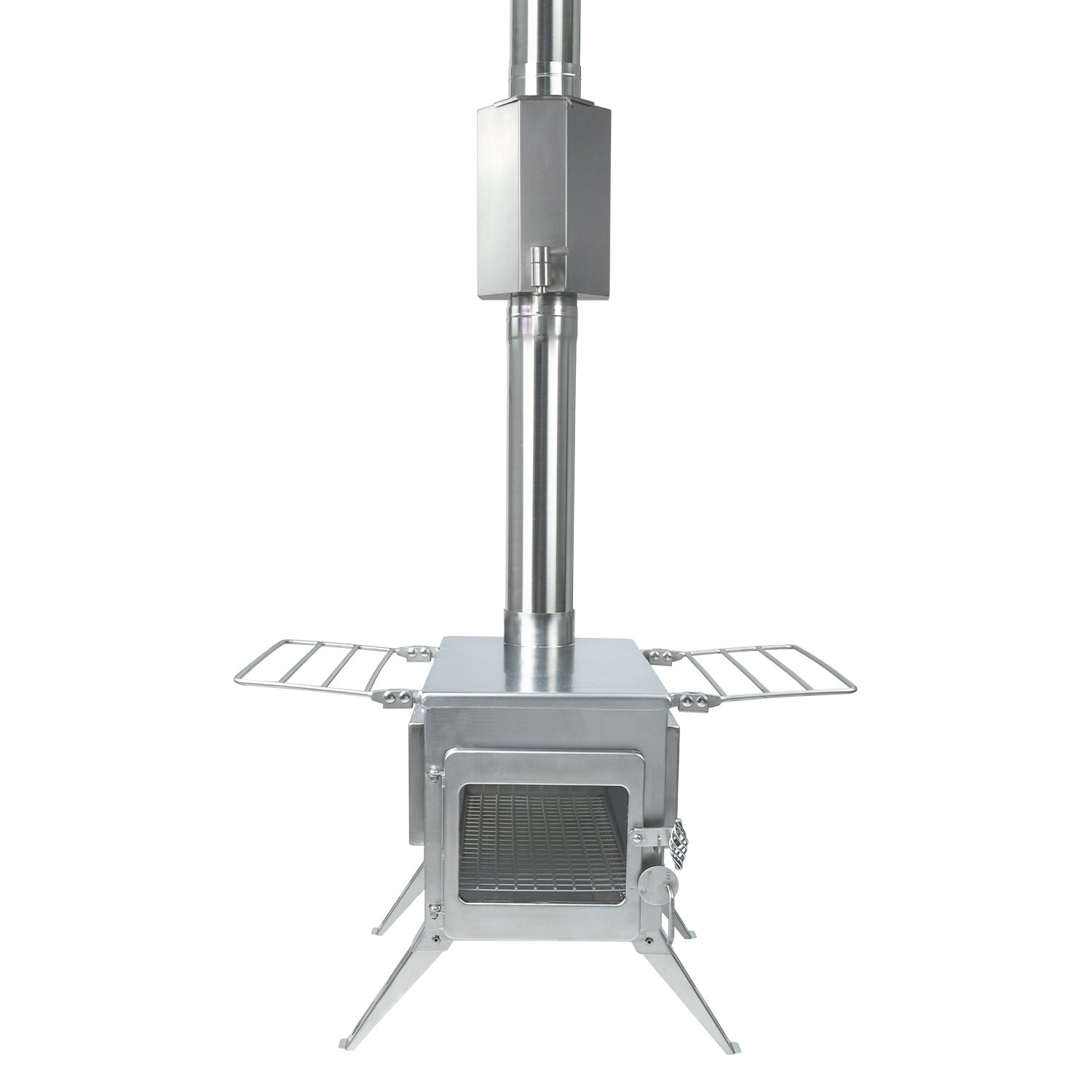 Winnerwell® L - sized Pipe Water Tank attached to a stove pipe, demonstrating how it integrates to utilize waste heat from the pipe for heating water during outdoor cooking.