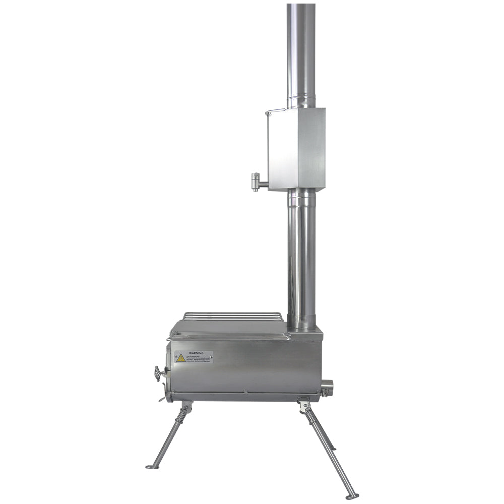 Winnerwell® L - sized Pipe Water Tank integrated with a third stove pipe configuration, showcasing its versatility in outdoor heating and water - warming setups.