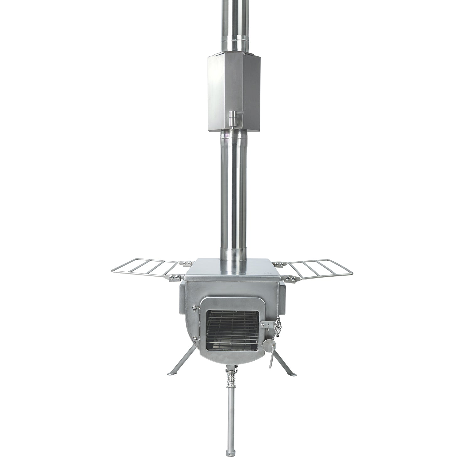 Another view of Winnerwell® L - sized Pipe Water Tank connected to a different stove pipe system, highlighting its functionality in capturing heat for water warming.