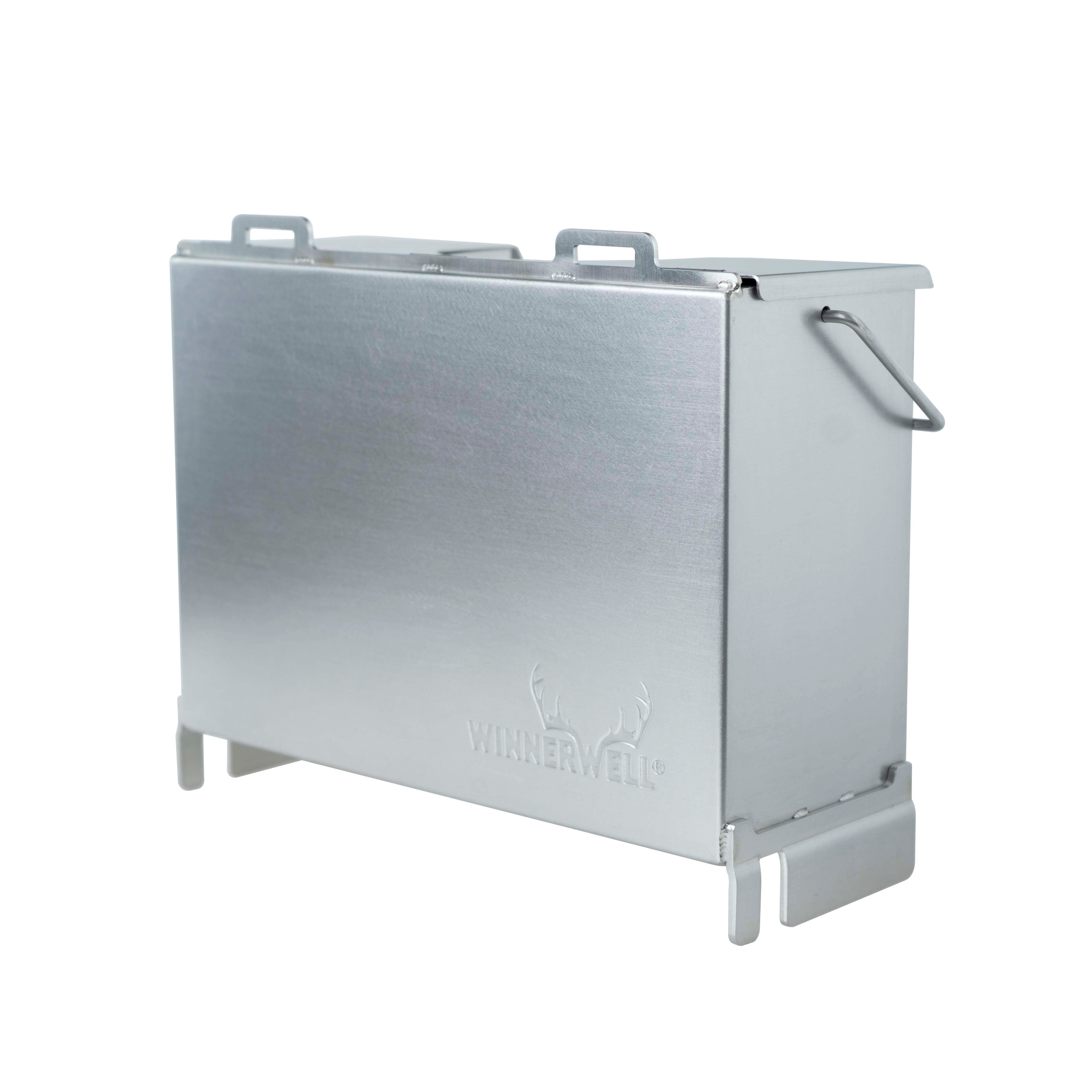 Side view of Winnerwell® L - sized Water Tank, emphasizing its robust food grade stainless - steel build, large capacity, and how it connects to stoves for efficient heat transfer.