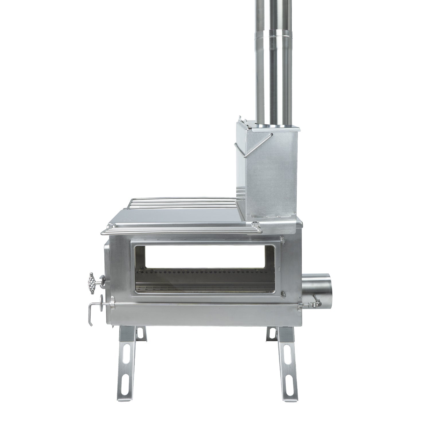 Winnerwell® L - sized Water Tank paired with an L - sized stove, demonstrating how it integrates into an outdoor cooking system to utilize stove heat for warming a large volume of water.