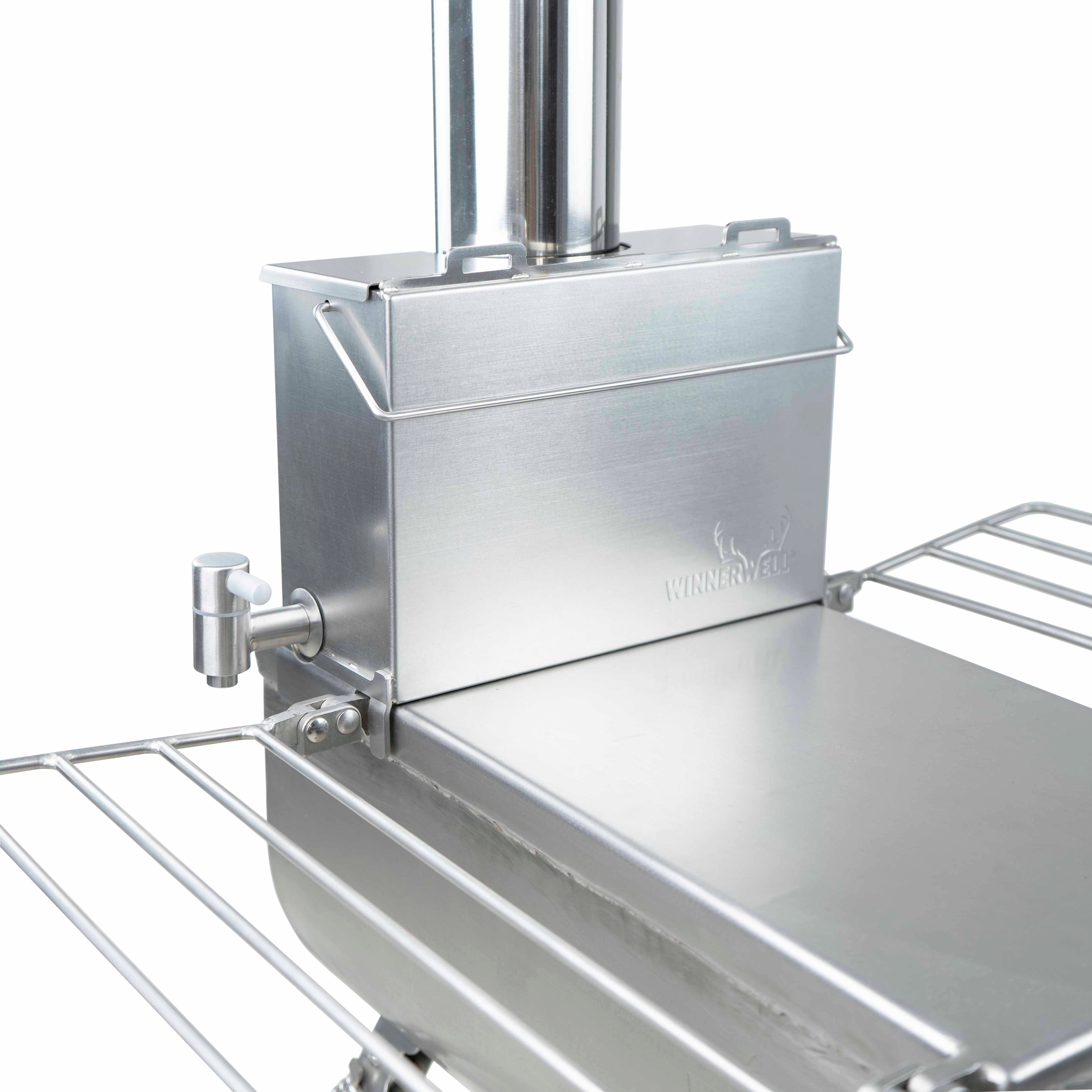 Winnerwell® L - sized Water Tank integrated with a third L - sized stove type, illustrating its versatility in using stove heat to heat water for camping groups and more.