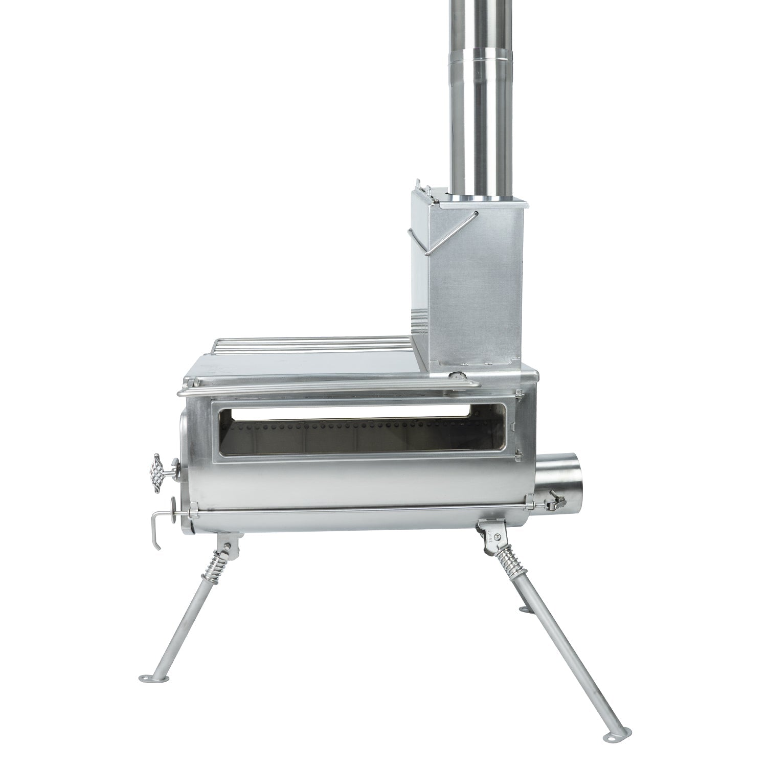 Another view of Winnerwell® L - sized Water Tank attached to a different L - sized stove model, highlighting its capacity to provide ample hot water for group outdoor activities.