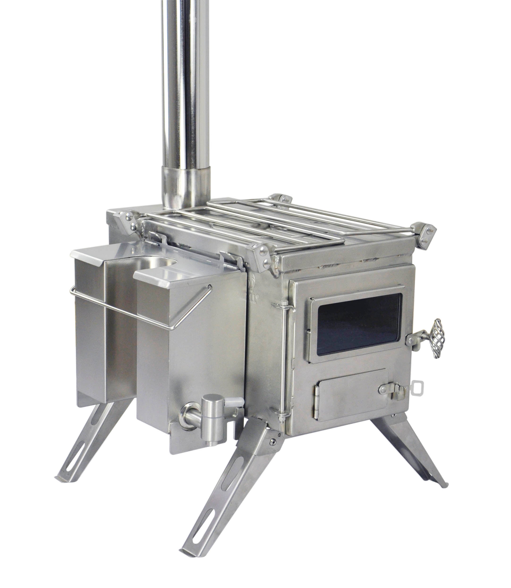 Winnerwell® M - sized Water Tank attached to yet another M - sized stove, illustrating its versatility in using stove heat to heat water for camping and more.