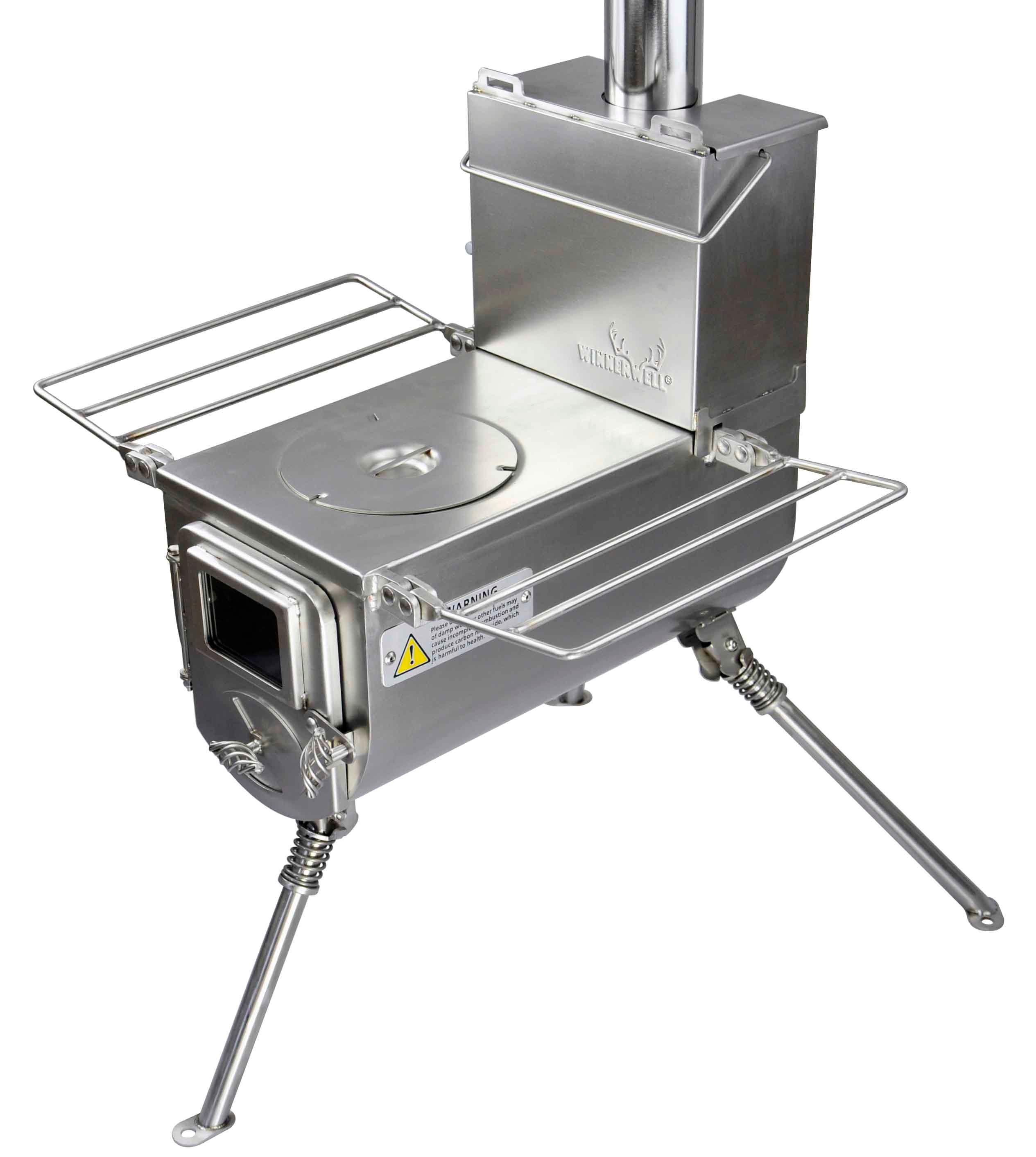 Another view of Winnerwell® M - sized Water Tank attached to a different M - sized stove model, highlighting its role in providing hot water during outdoor activities.