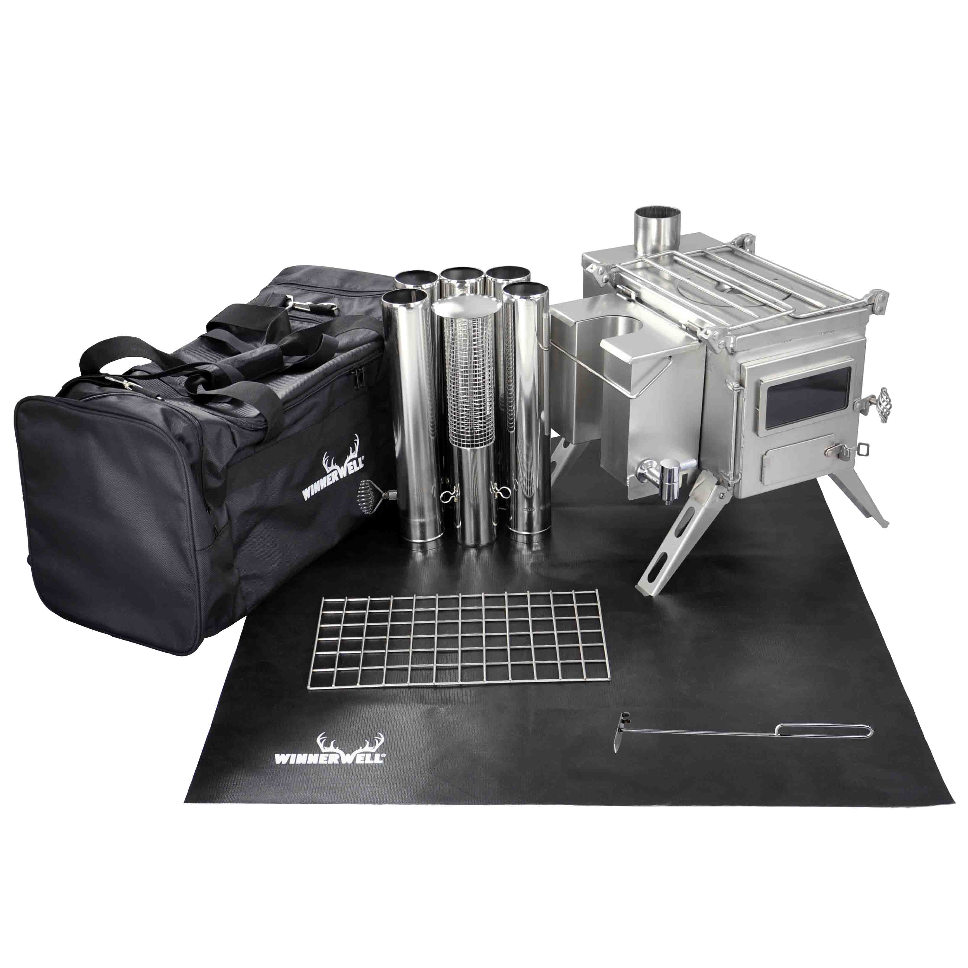 Winnerwell® Nomad View 1G Cook Camping Stove Package multi - angle fold display. Made of stainless steel, it’s built for durability and quick setup, suitable for outdoor enthusiasts seeking convenient cooking solutions in the wild.