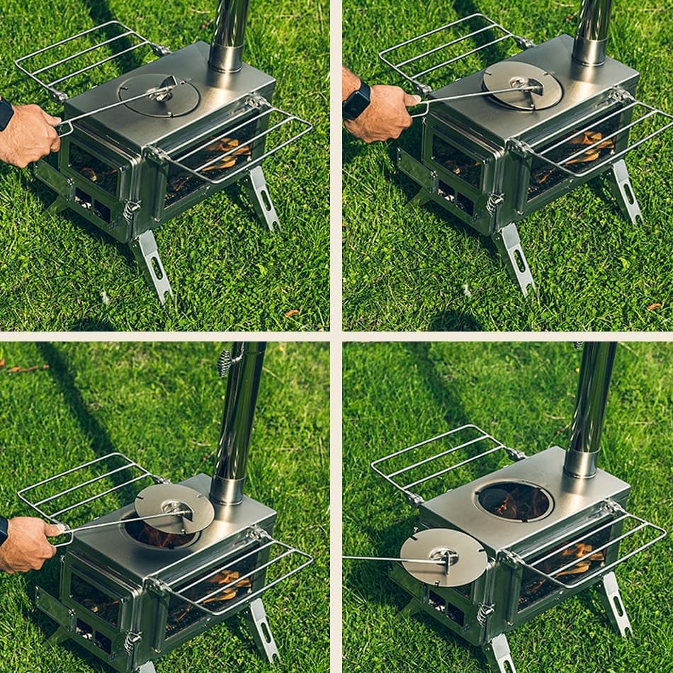 Hot tent stove Winnerwell Nomad View boiling water on camping stove in off-grid mountain campsite