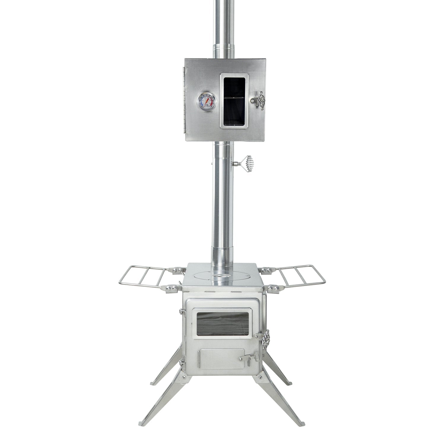 Winnerwell® Pipe Oven 2.5'' attached to a vertical support, demonstrating its integration into an outdoor cooking setup for efficient heat transfer and baking.