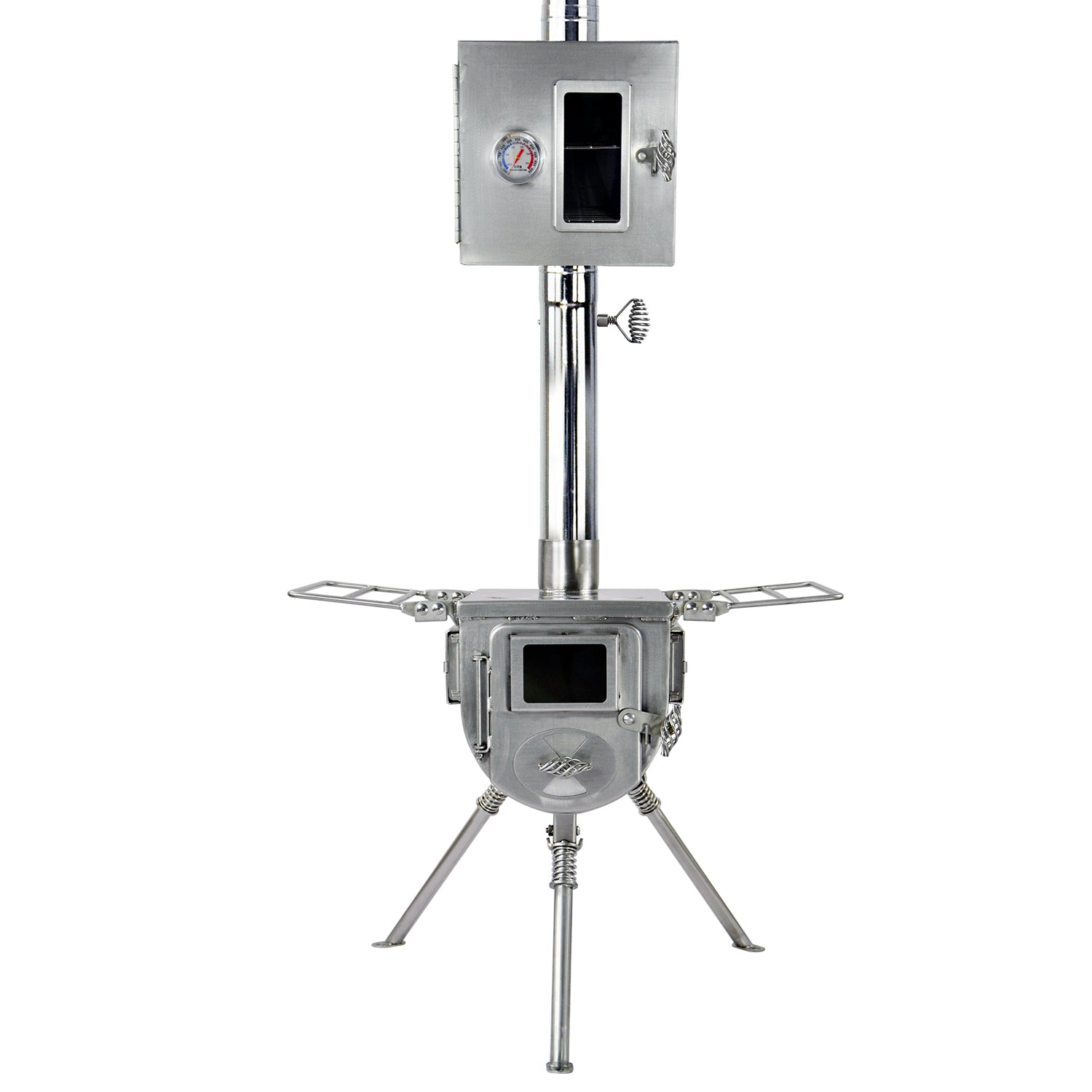 Winnerwell® Pipe Oven 2.5'' mounted on a support, highlighting its compact design and functionality in outdoor culinary applications.