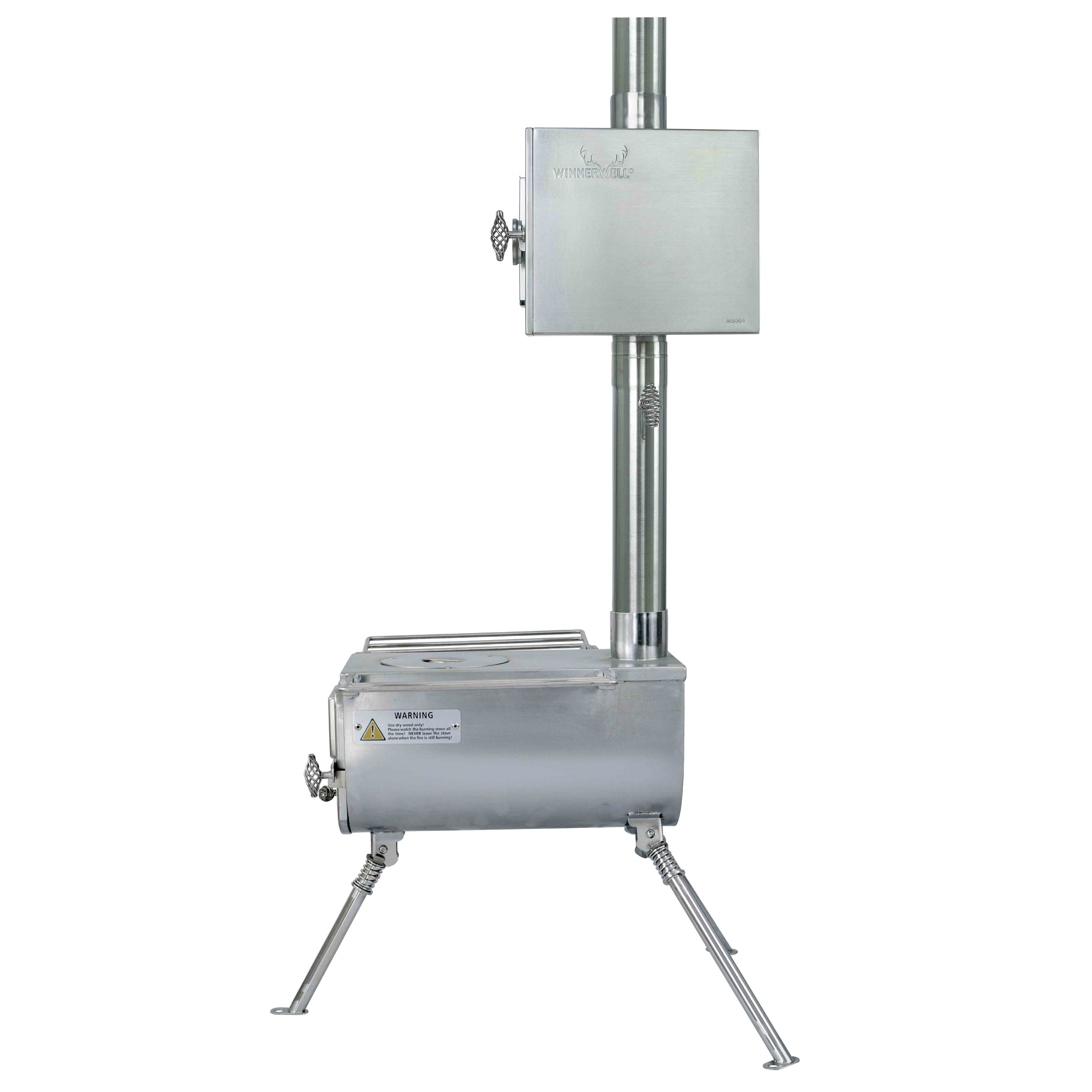Bottom view of Winnerwell® Pipe Oven 2.5'' attached to a support, showcasing the base design and how it interfaces with the outdoor cooking system.
