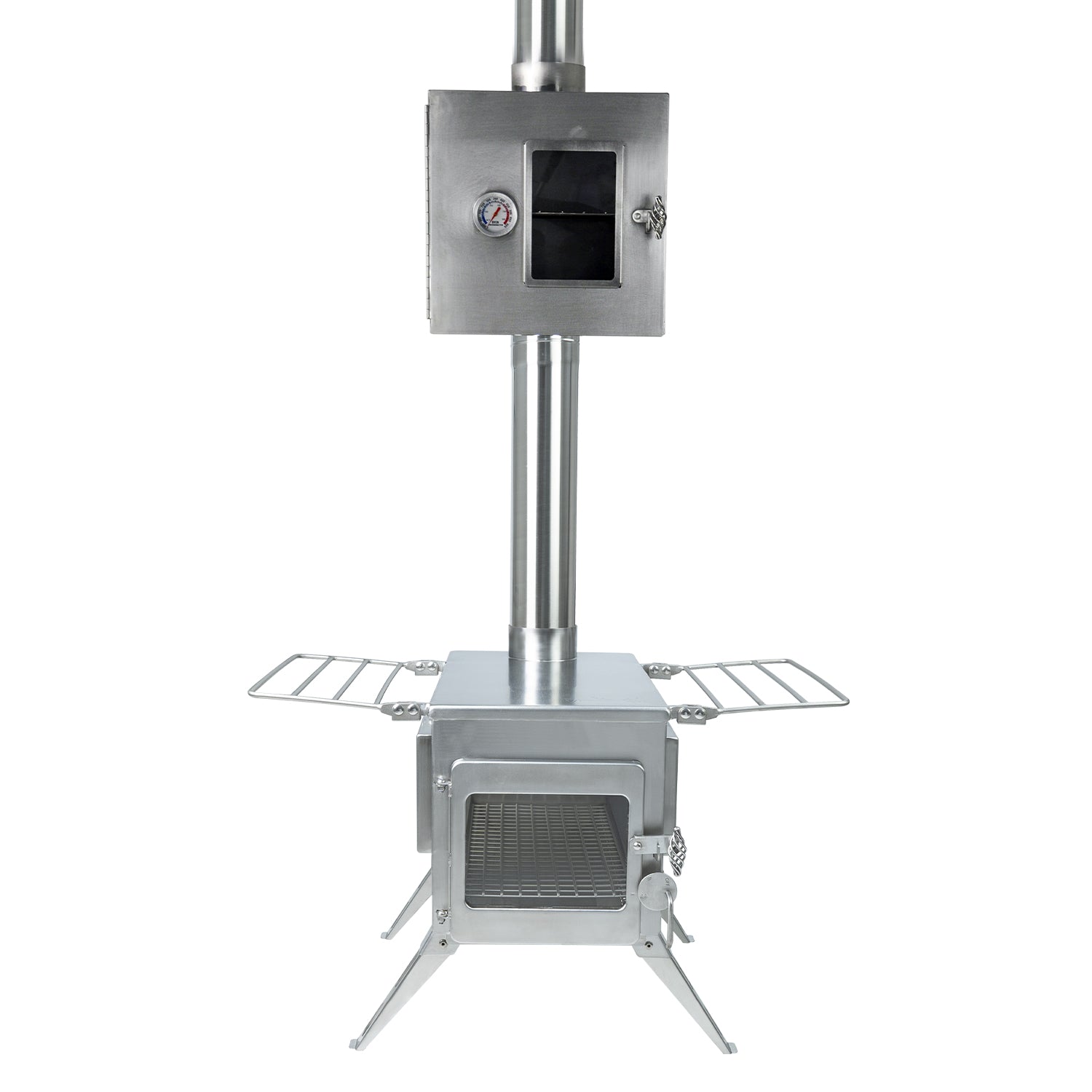 Winnerwell® Pipe Oven 3.5'' attached to a chimney of a compatible stove, displayed from the side to show how it integrates for baking and heating during outdoor use.
