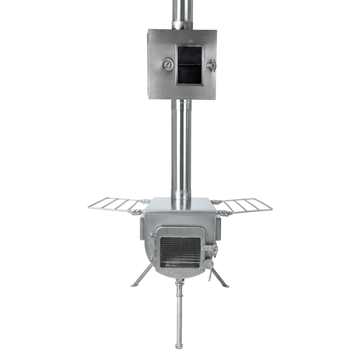 Front view of Winnerwell® Pipe Oven 3.5'' mounted on a stove chimney, highlighting its role in secondary heat utilization for cooking.