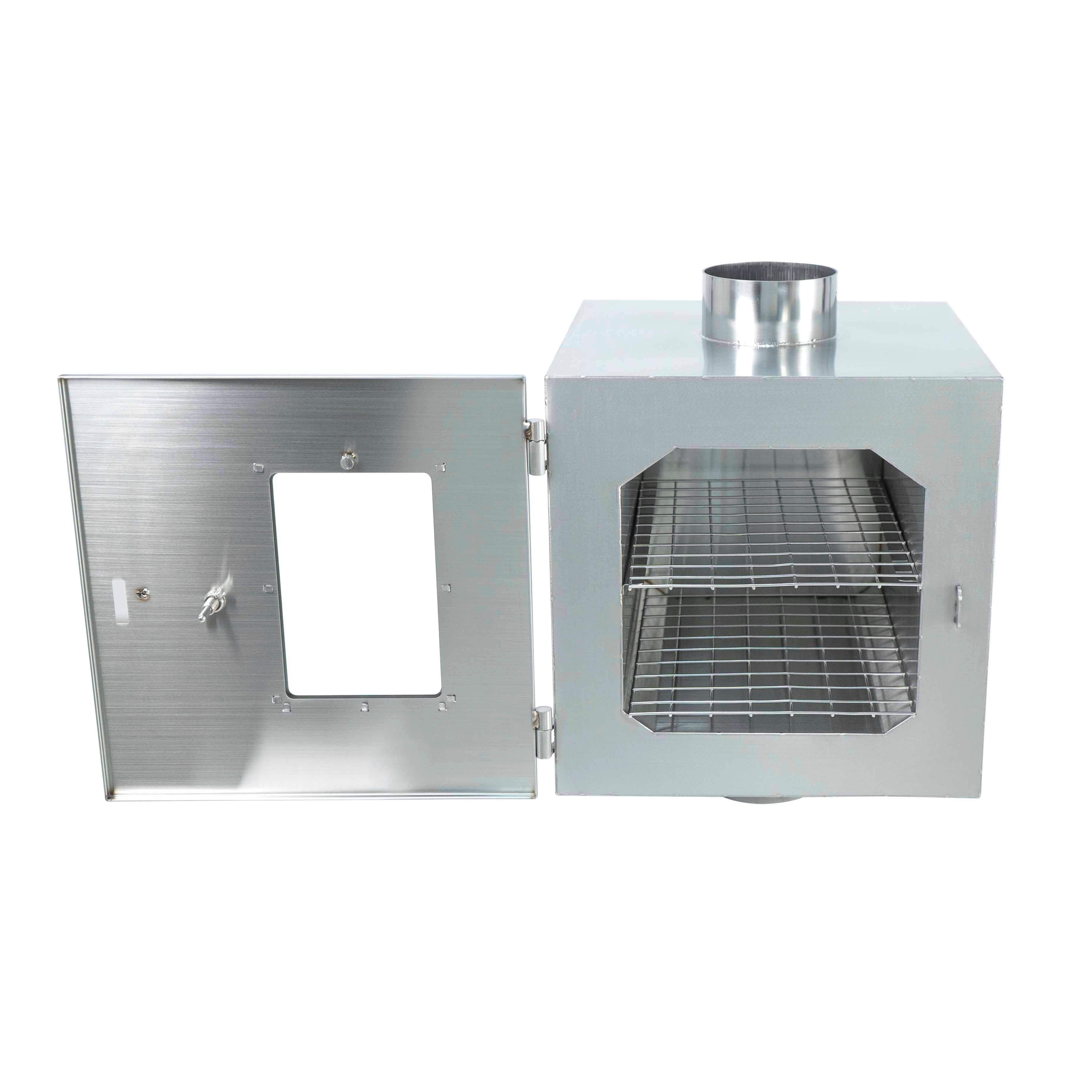 Open the door view of Winnerwell® Pipe Oven 3.5'', showcasing its design that fits well with stoves for efficient heat - based cooking.
