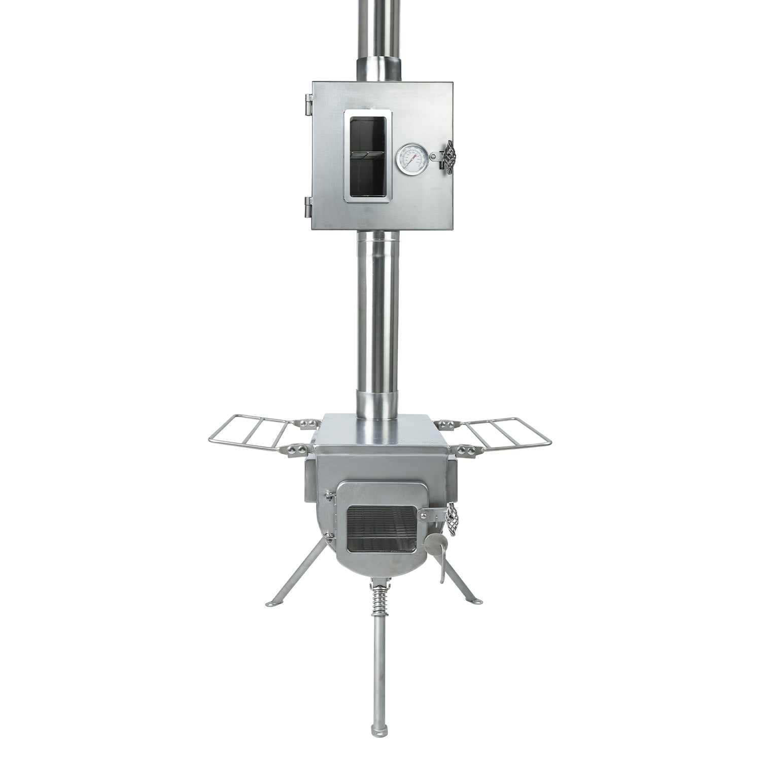 Front view of Winnerwell® Pipe Oven mounted on the chimney of an External Air M - sized Stove, illustrating the complete setup and its role in utilizing stove heat for cooking.