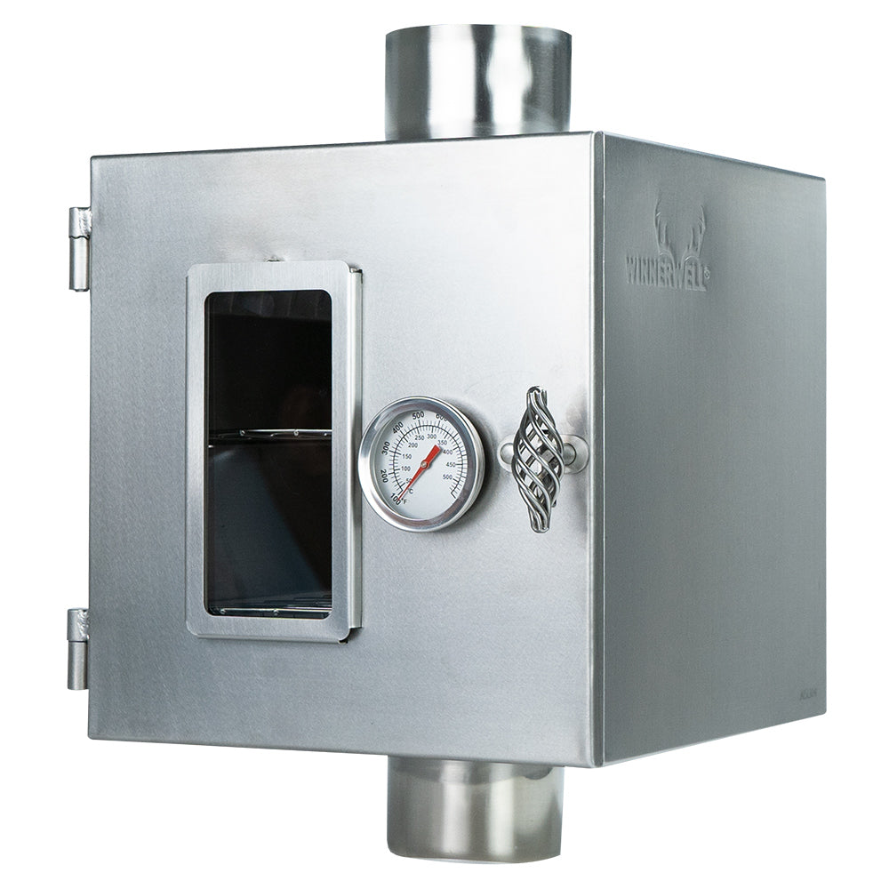 Side view of Winnerwell® Pipe Oven with all compartments closed, emphasizing its compact, durable stainless - steel construction and suitability for outdoor adventures.