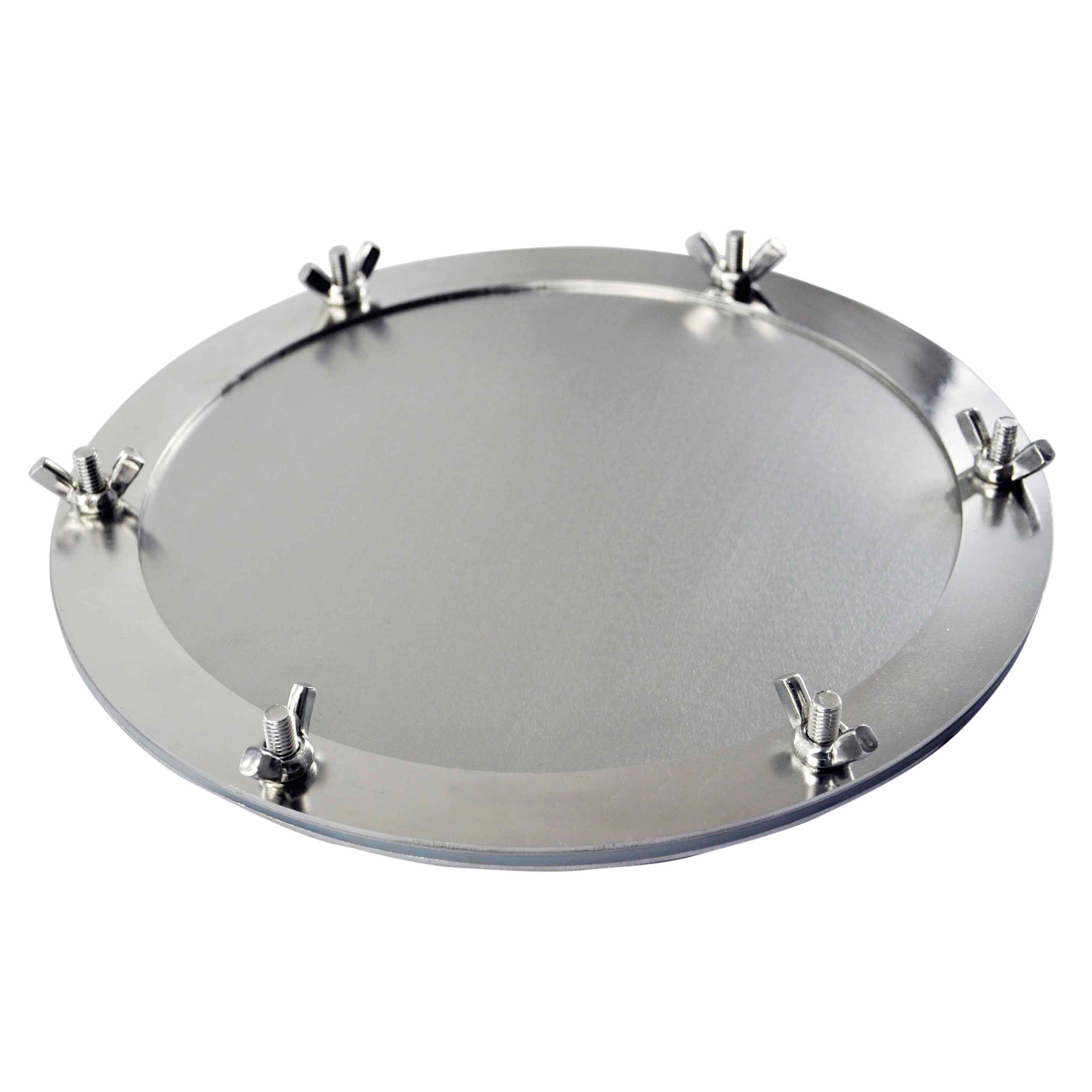 Winnerwell® Rainproof Plate, highlighting its circular, stainless - steel build, designed to provide rain protection for larger stove pipes in outdoor camping scenarios.