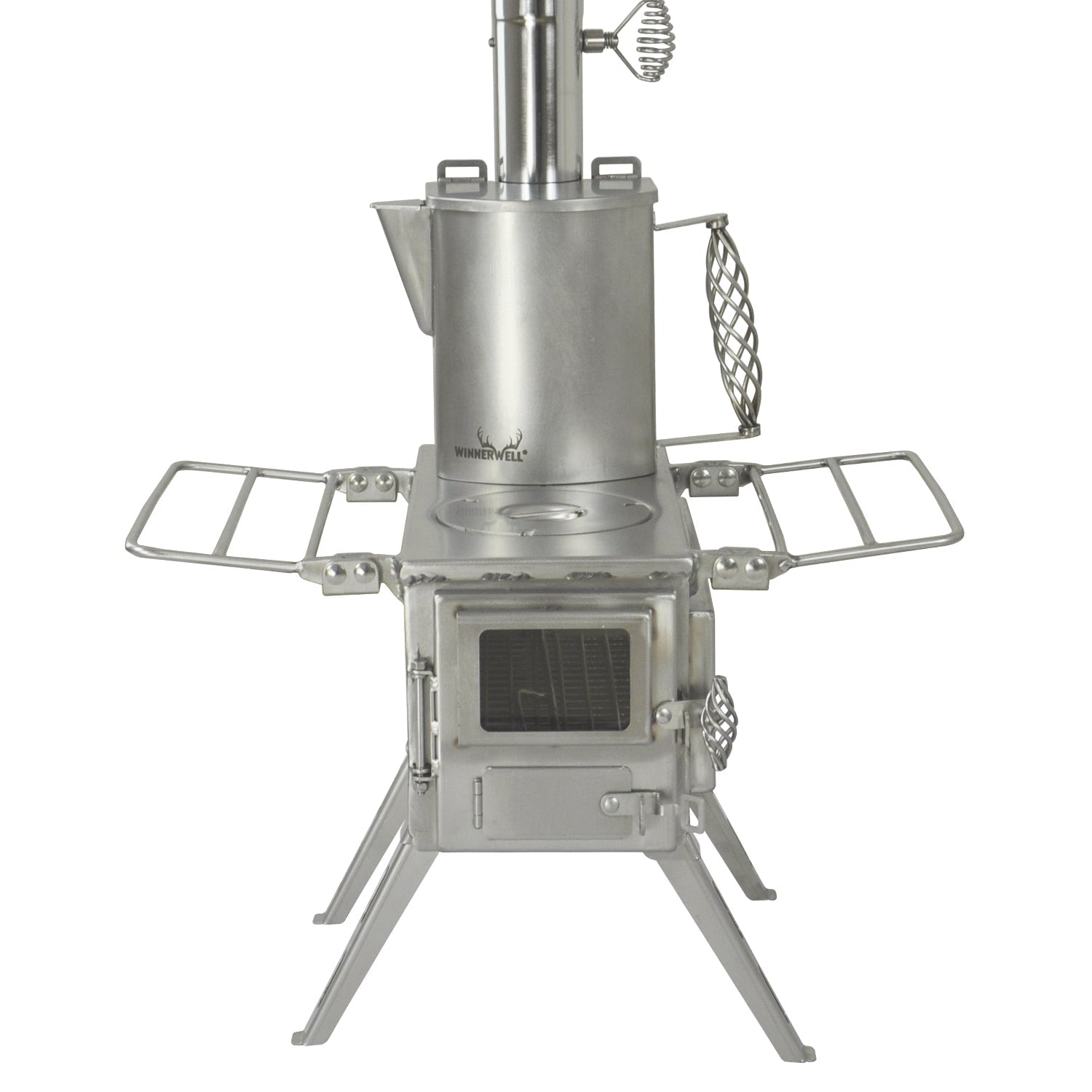 Winnerwell® S - sized Water Tank paired with a small stove, demonstrating how it integrates into an outdoor cooking system for heating water.