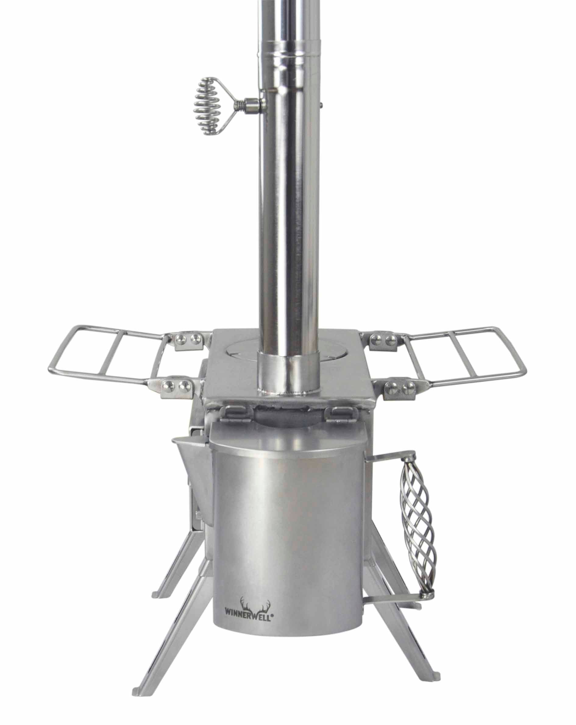 Winnerwell® S - sized Water Tank attached to a compact stove, demonstrating how it efficiently uses stove heat to warm water in outdoor environments.