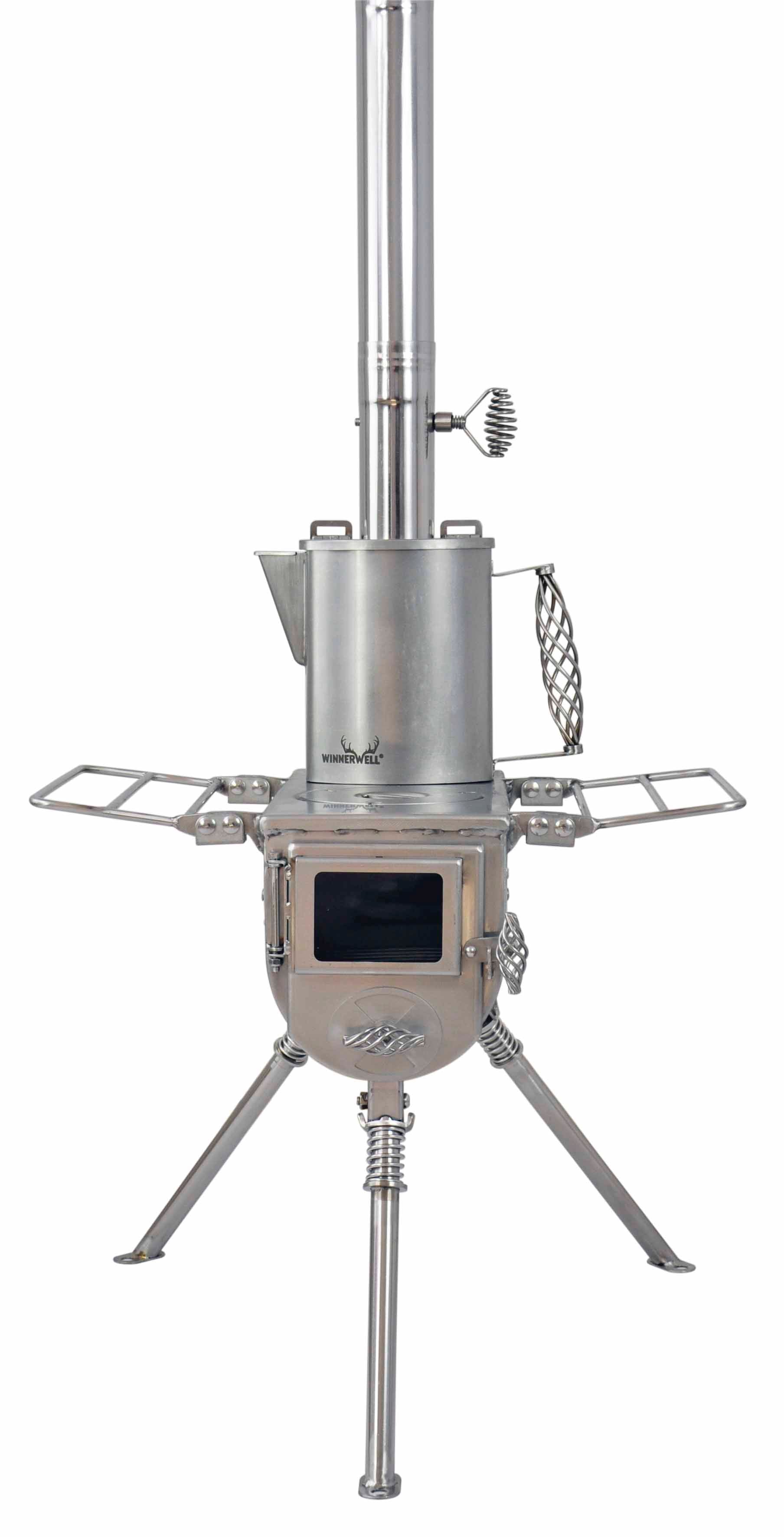 Another view of Winnerwell® S - sized Water Tank attached to a different stove model, highlighting its versatility in outdoor heating and cooking setups.