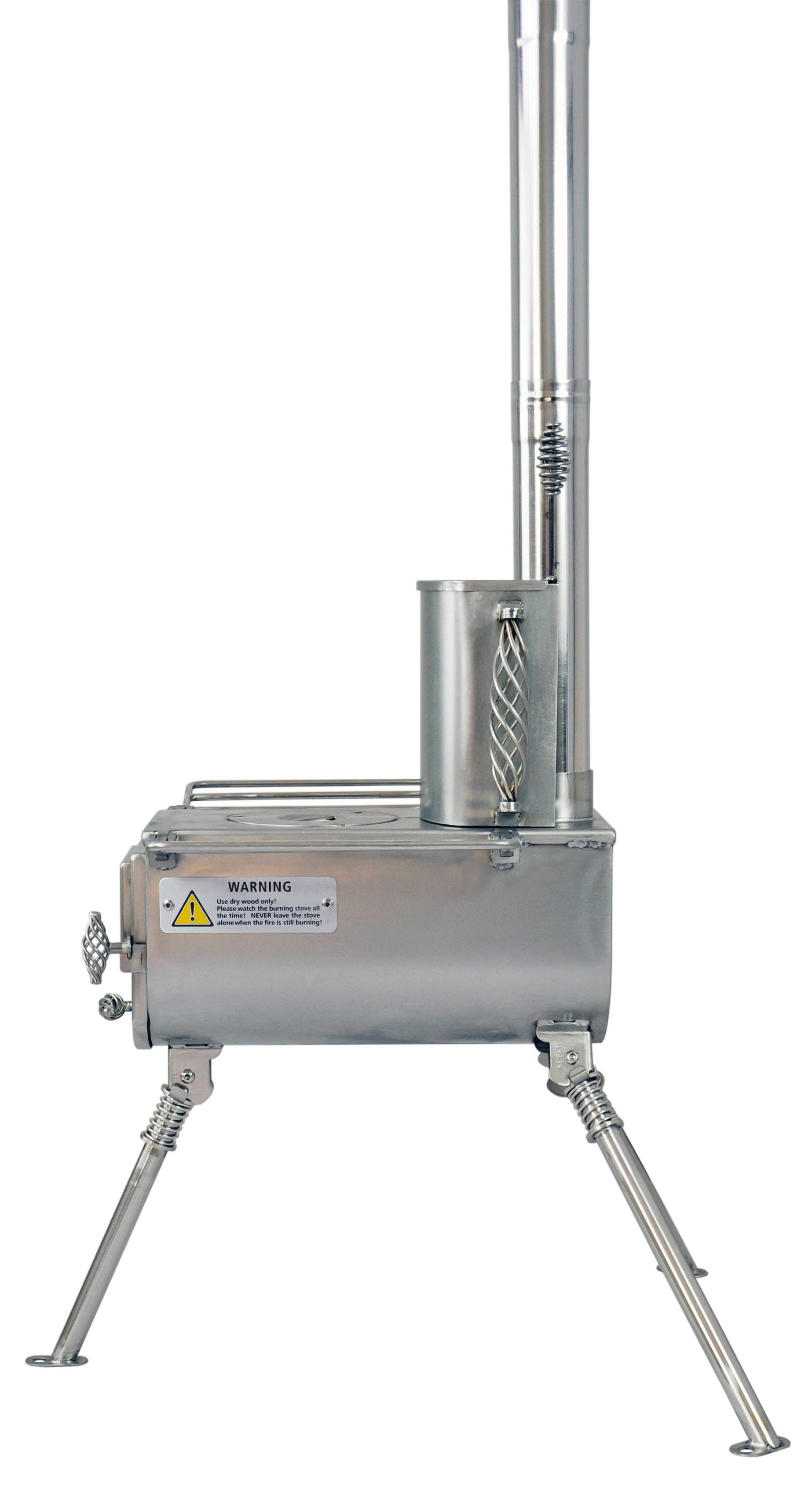 Winnerwell® S - sized Water Tank attached to a compact stove, demonstrating how it efficiently uses stove heat to warm water in outdoor environments.