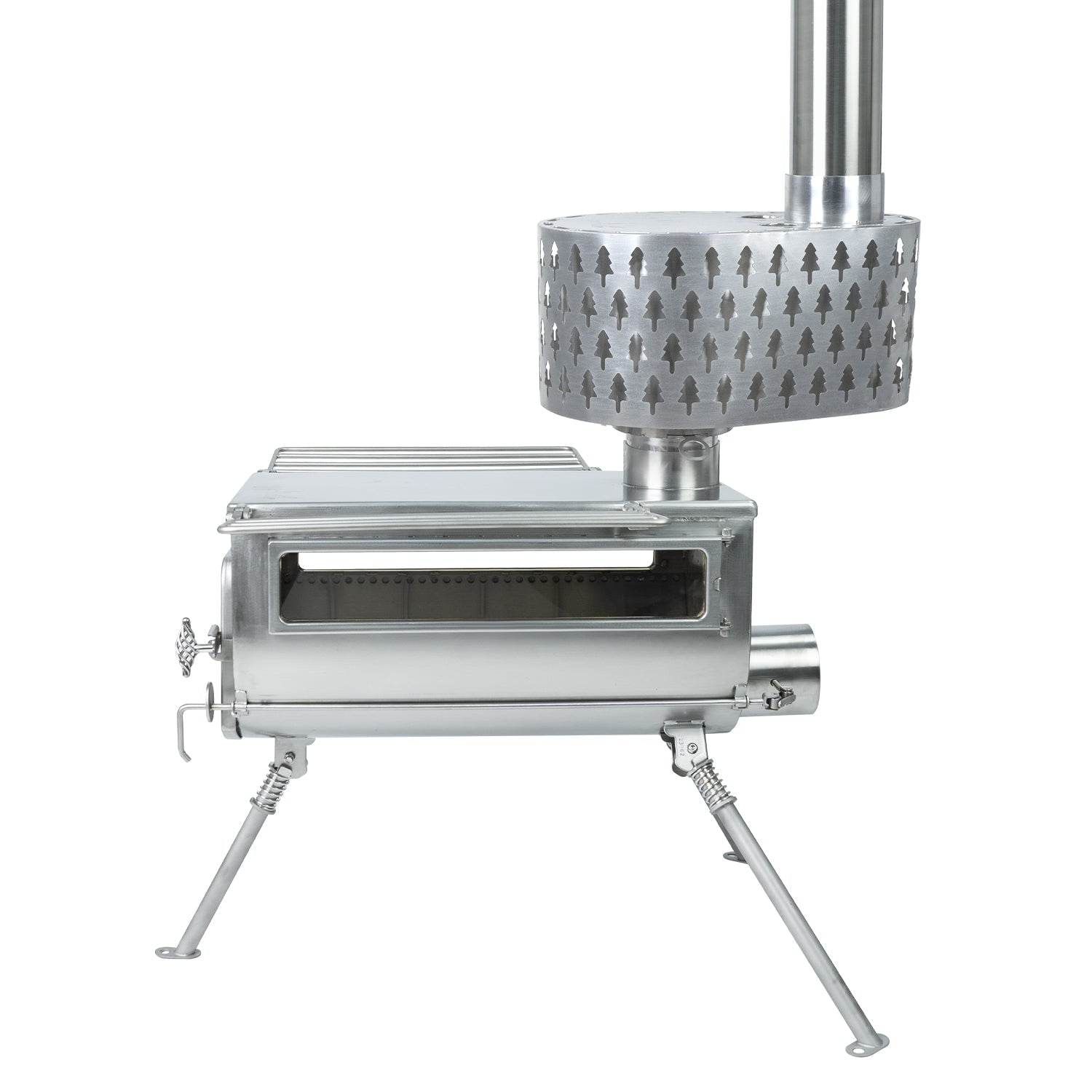 Another side view of Winnerwell® Secondary Combustion Burner 3.5" mounted on a stove, highlighting its role in secondary combustion for better heat output.