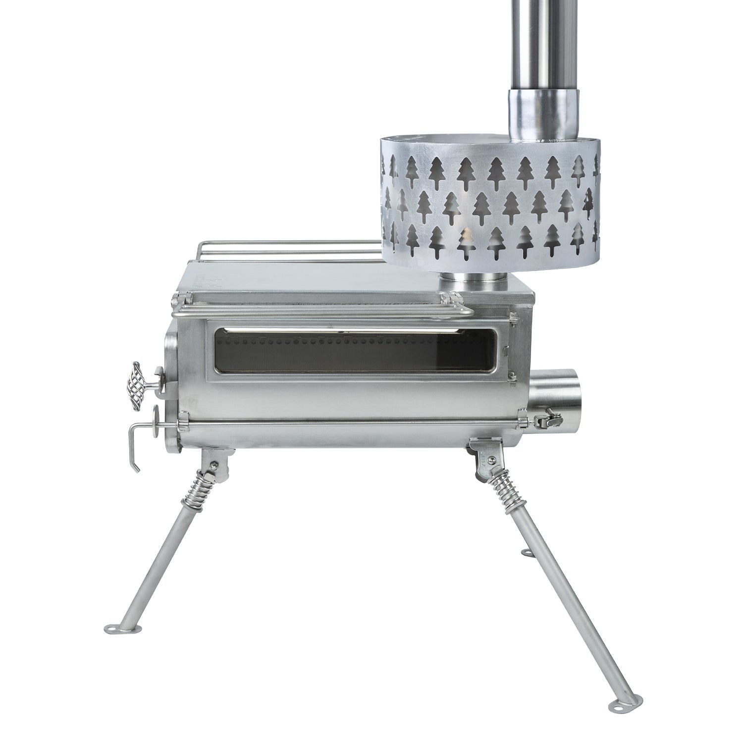 side view of Winnerwell® Secondary Combustion Burner mounted on an External Air M - sized Stove, illustrating the complete setup and its function in secondary combustion for better heat output.