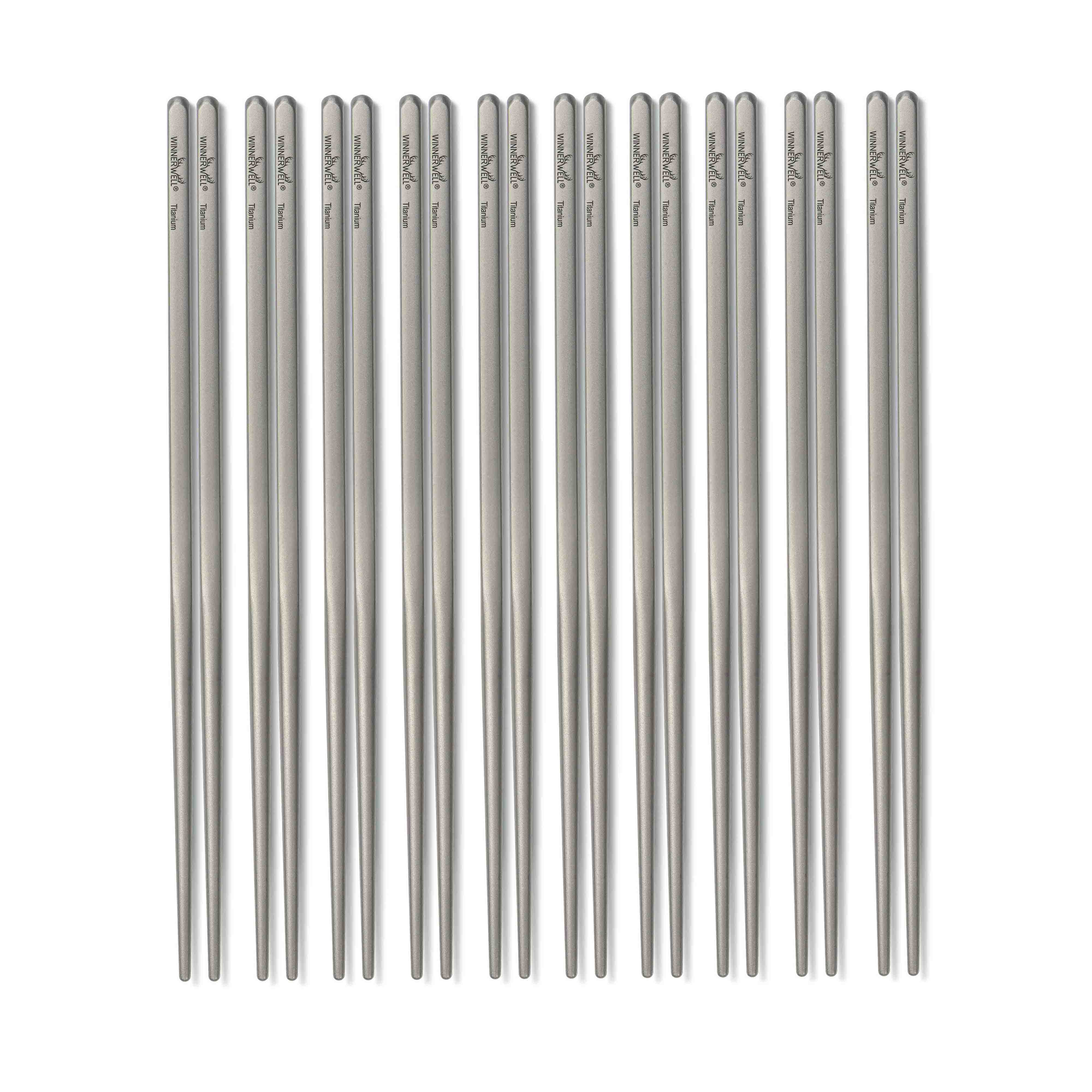 A set of multiple Winnerwell® square titanium chopsticks neatly arranged, displaying the product’s availability in a multi - pair set.