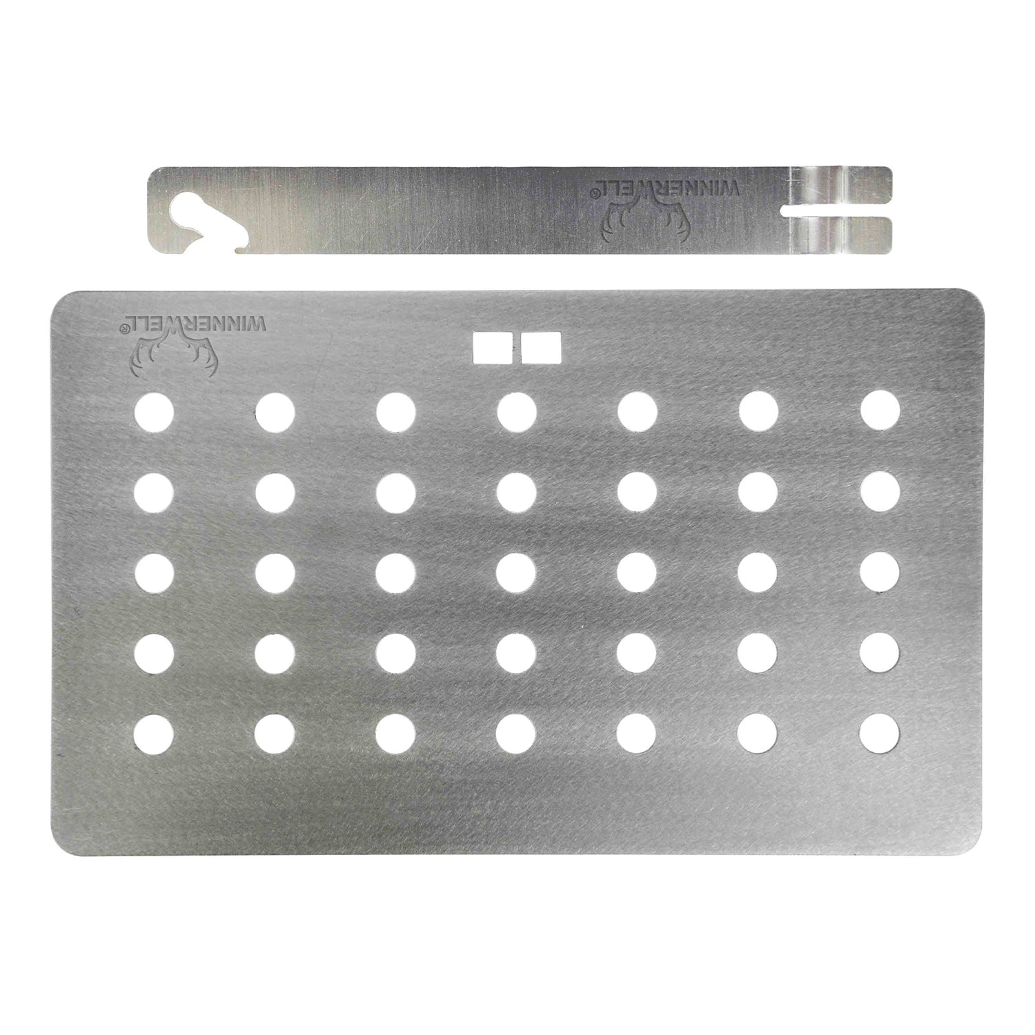 Top - down view of Winnerwell® stainless steel grill plate, highlighting the uniform arrangement of circular holes and the overall metallic, durable construction.