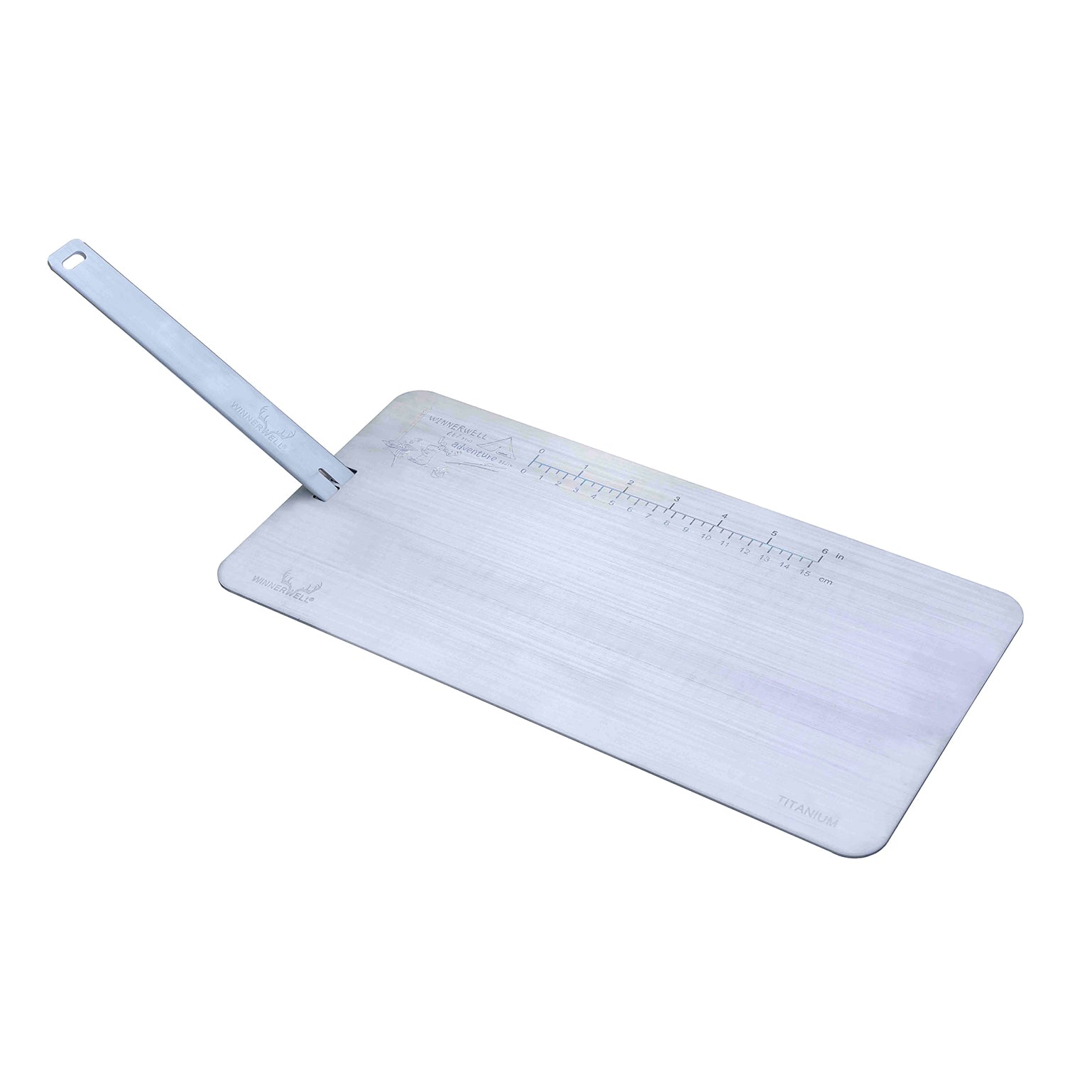 Side view of Winnerwell® titanium cutting board with handle on white background, showing the thickness and handle attachment.