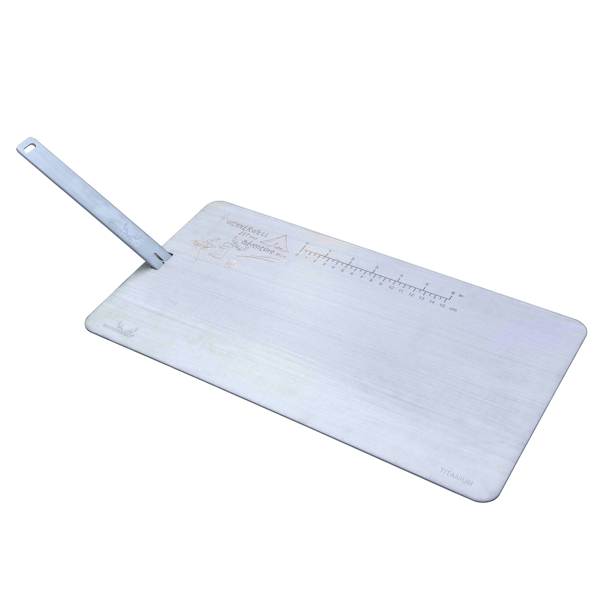 A single Winnerwell® titanium cutting board with handle placed on a white background, highlighting its lightweight, portable structure.