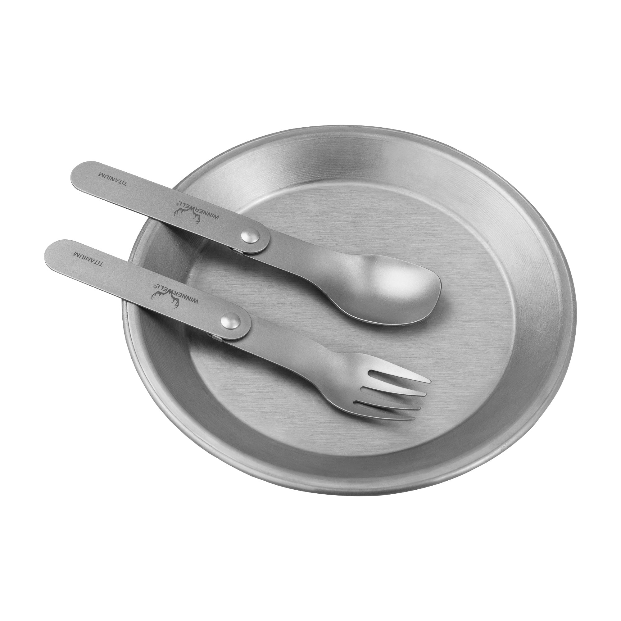 Close - up view of the high - grade titanium material and folding mechanism of the Winnerwell® Titanium Folding Fork & Spoon Set, emphasizing its quality and innovative design.
