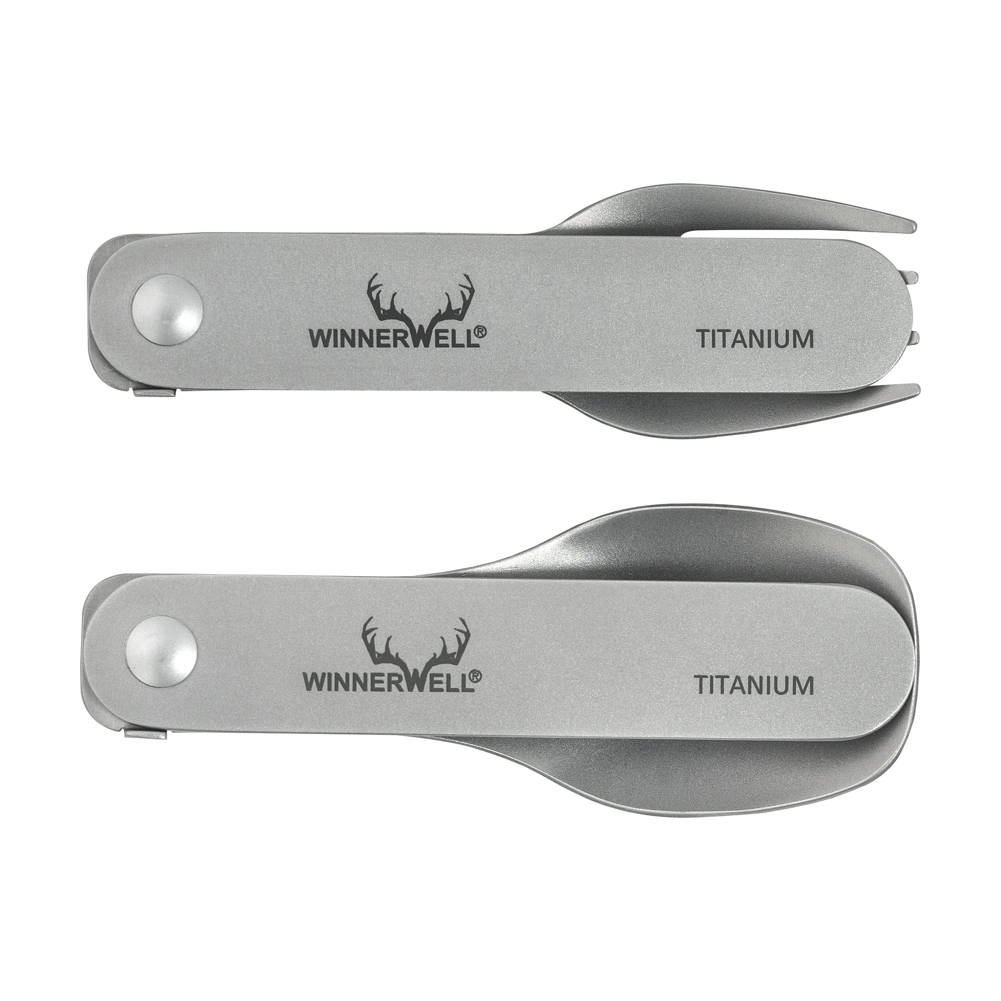 Winnerwell® titanium folding fork and spoon set shown in the folded state, emphasizing the space - saving, travel - friendly design.