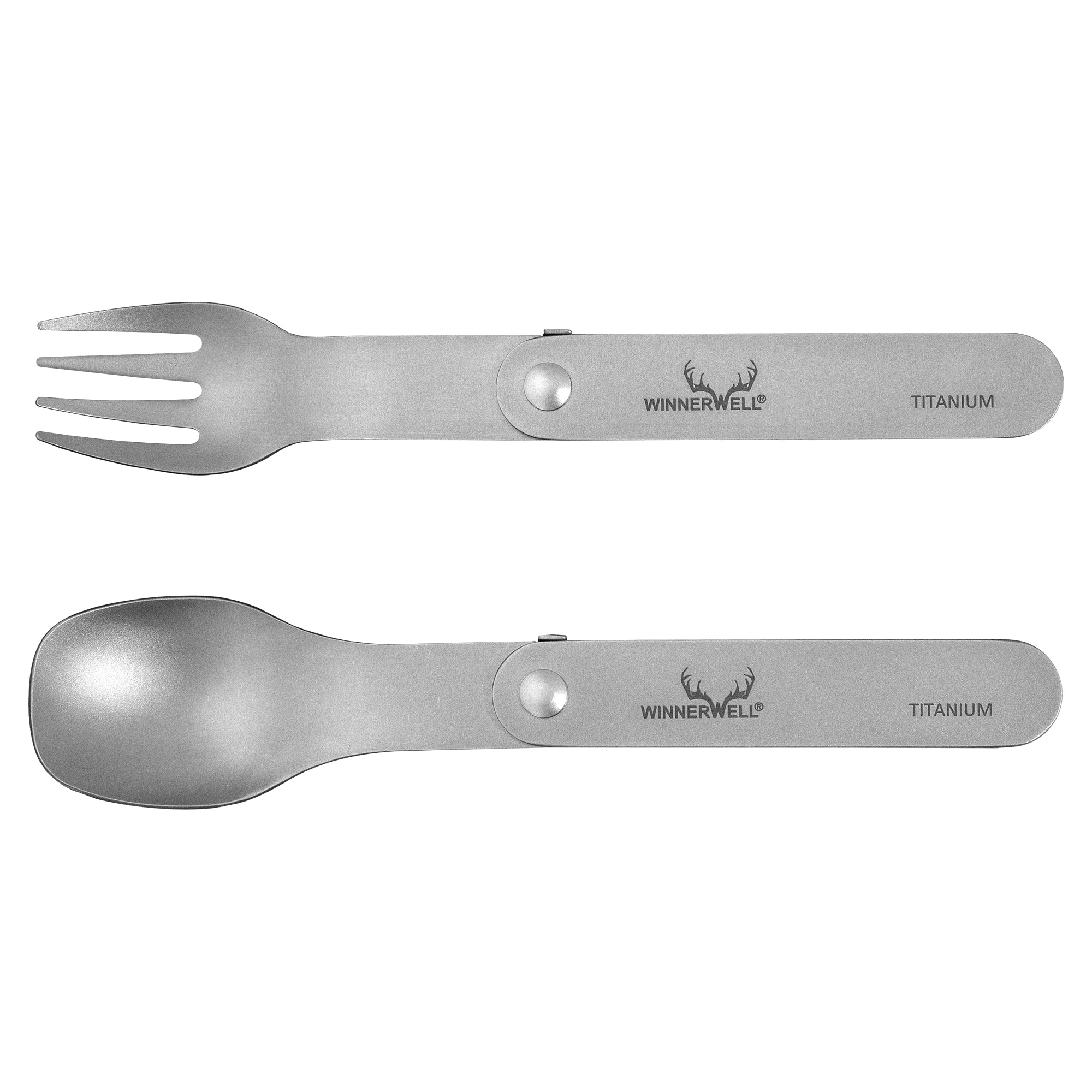 Unfolded Winnerwell® titanium folding fork and spoon displayed separately, illustrating the individual pieces of the compact cutlery set.(