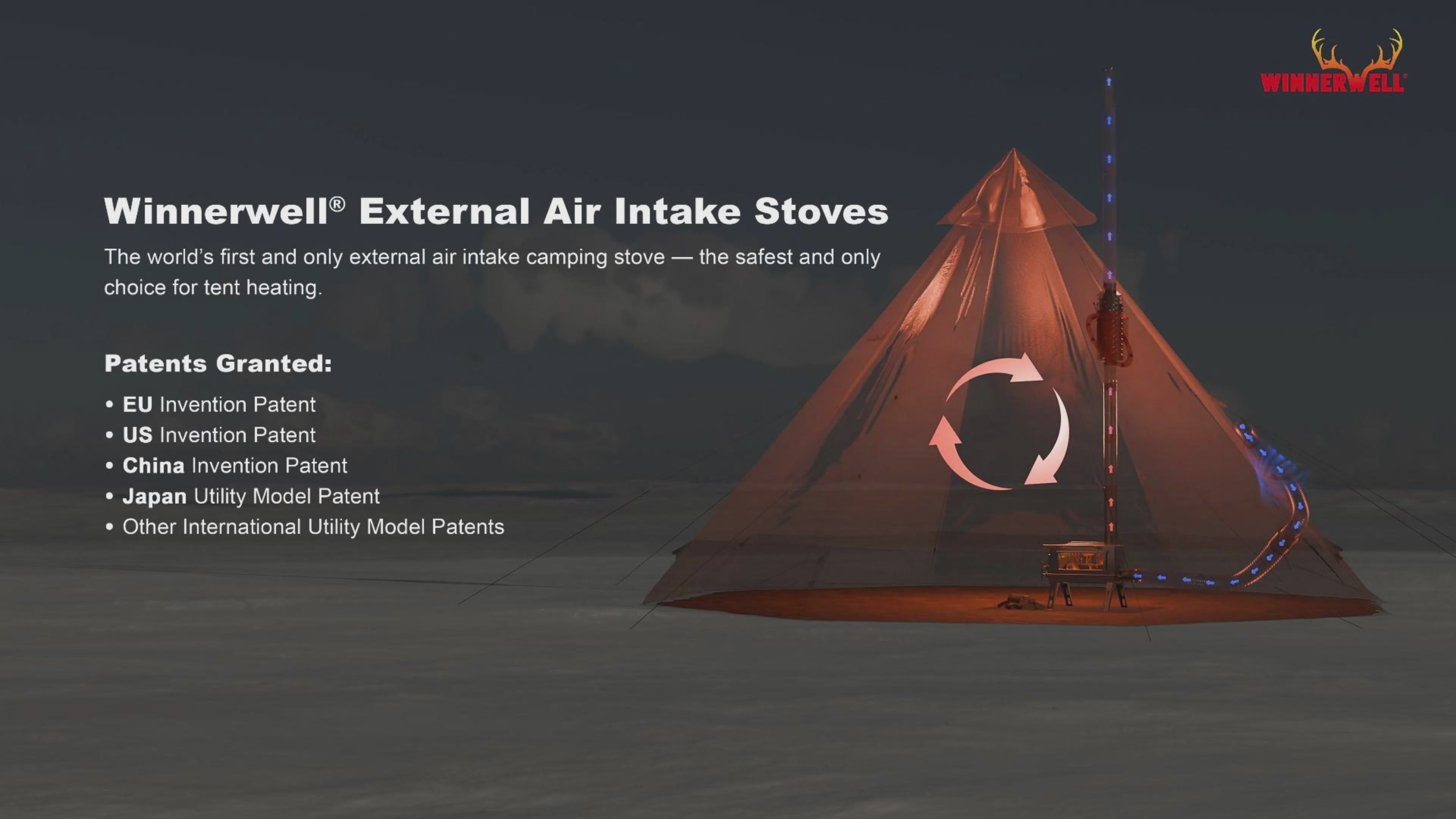 A fully assembled Winnerwell® Nomad PLUS Double View External Air Wood Burning Tent Stove inside a camping tent, demonstrating its efficient heating solution for outdoor living spaces.