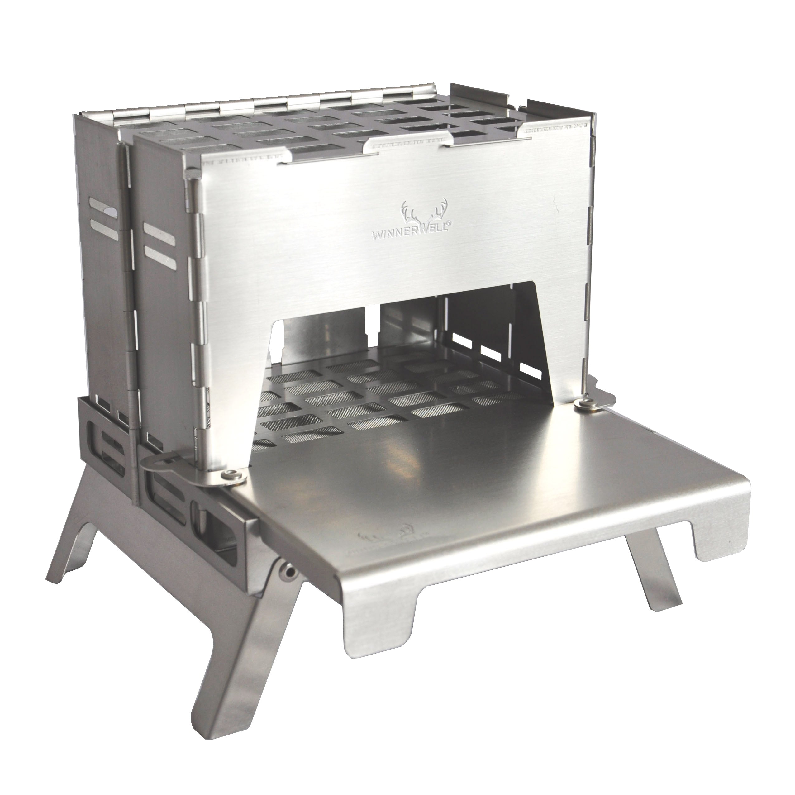 Winnerwell® Backpack Stove in folded, compact form—ultra - portable design perfect for backpacking, hiking, or minimalist camping. Folds to fit in small spaces, made of durable stainless steel for outdoor cooking adventures.
