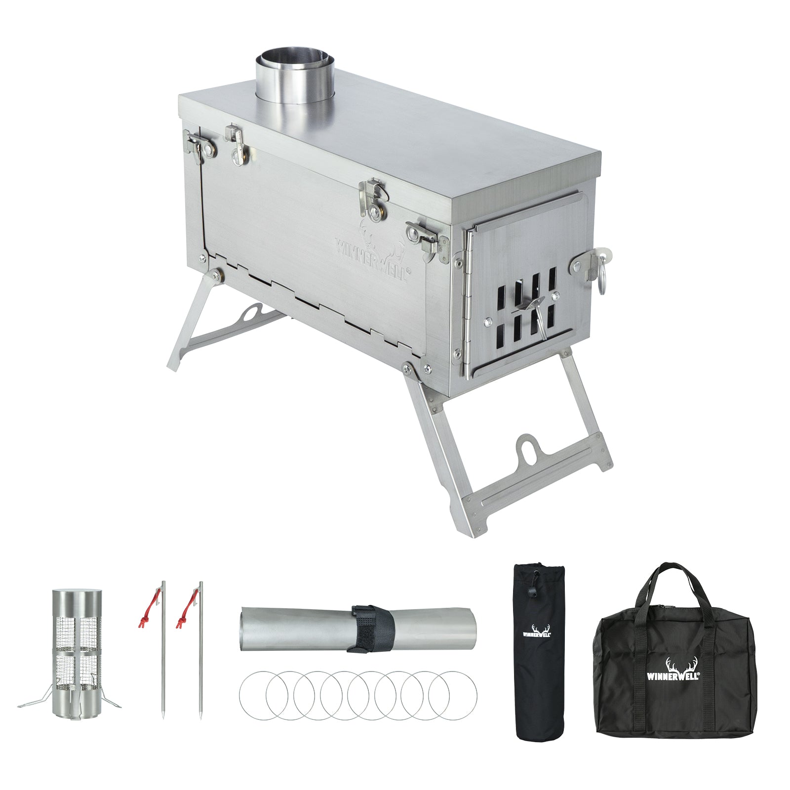 Winnerwell® Fastfold Titanium Camping Stove Series full kit, including the foldable titanium stove body, accessories like tools and storage bag. Ideal for portable outdoor camping, featuring lightweight titanium construction and multi - functional design for cooking and heating in the wild.