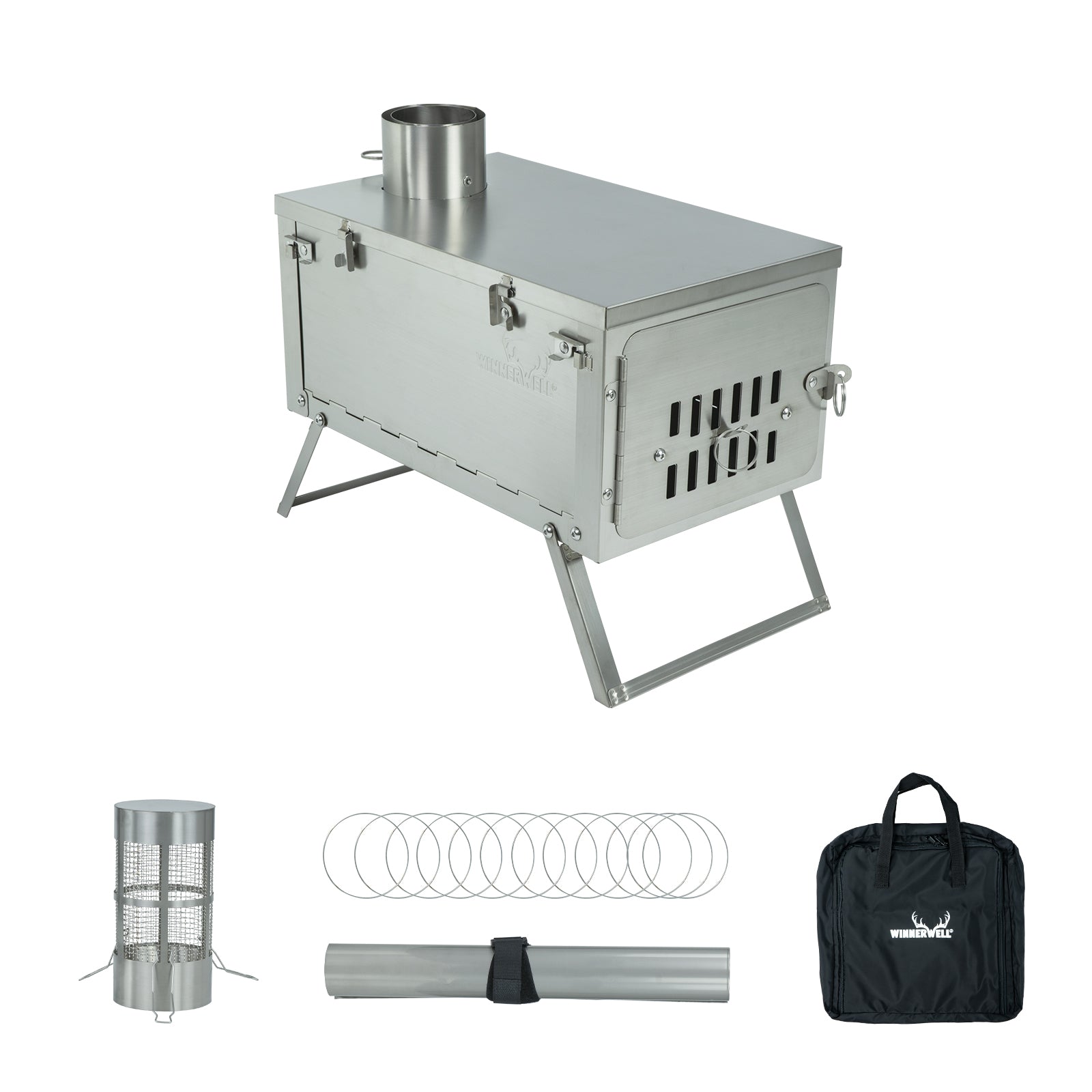 Winnerwell® Fastfold Titanium Camping Stove Series full kit, including the foldable titanium stove body, accessories like tools and storage bag. Ideal for portable outdoor camping, featuring lightweight titanium construction and multi - functional design for cooking and heating in the wild.