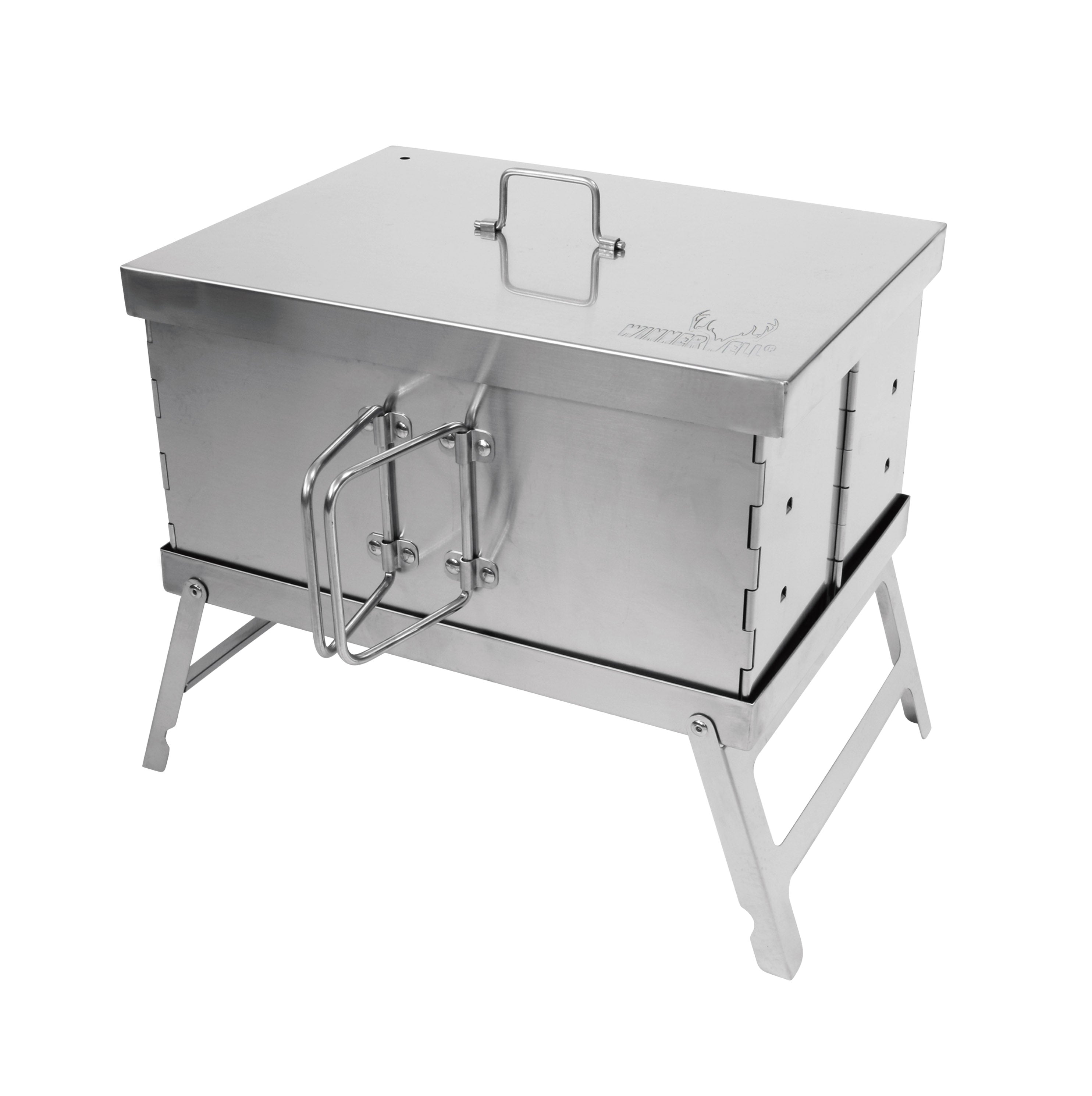 Winnerwell® Flat Smoker in folded, compact form—ultra - portable design perfect for backpacking, hiking, or minimalist camping. Folds to a flat shape for easy storage, made of durable stainless steel for outdoor smoking and cooking adventures.